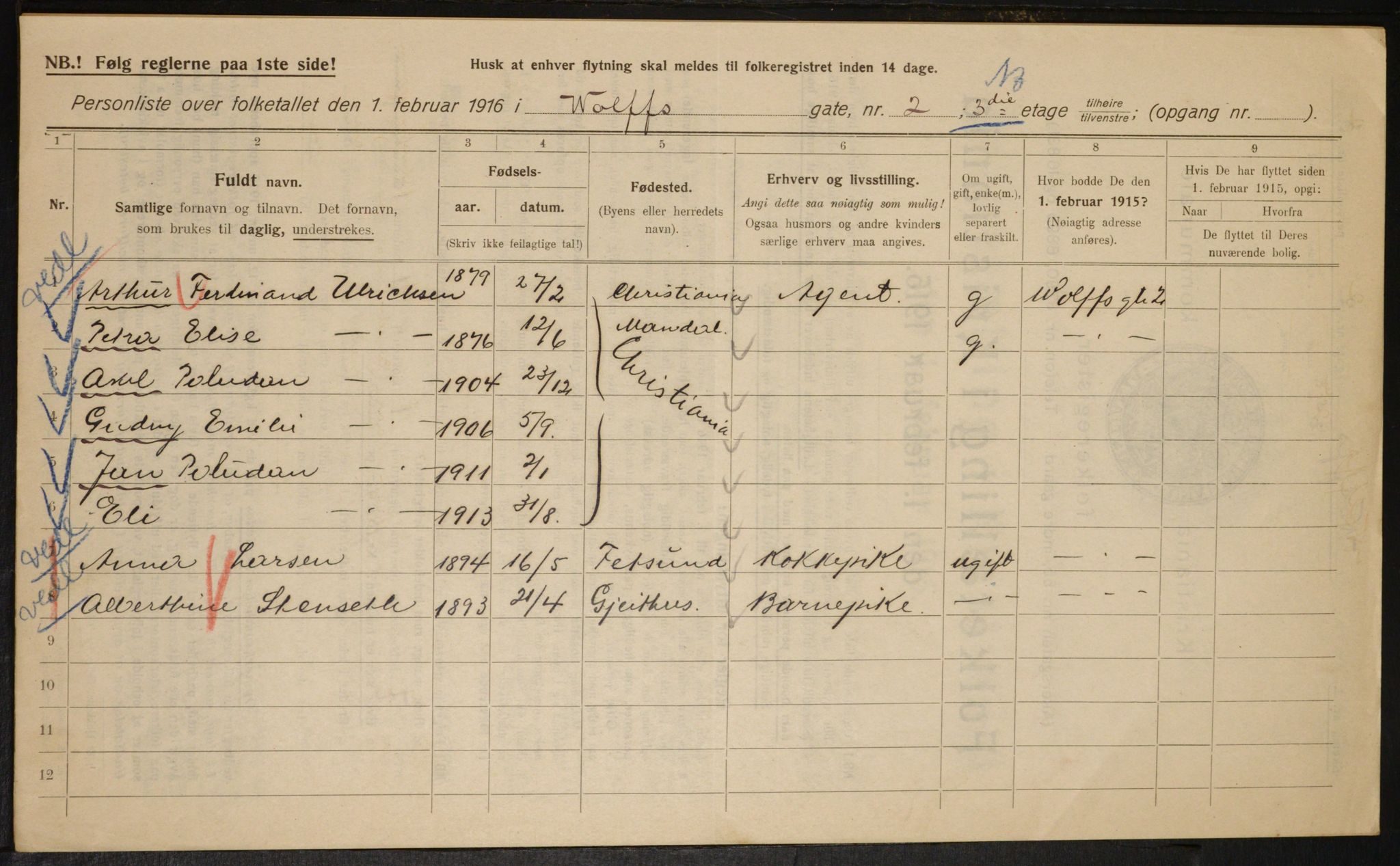 OBA, Kommunal folketelling 1.2.1916 for Kristiania, 1916, s. 132174