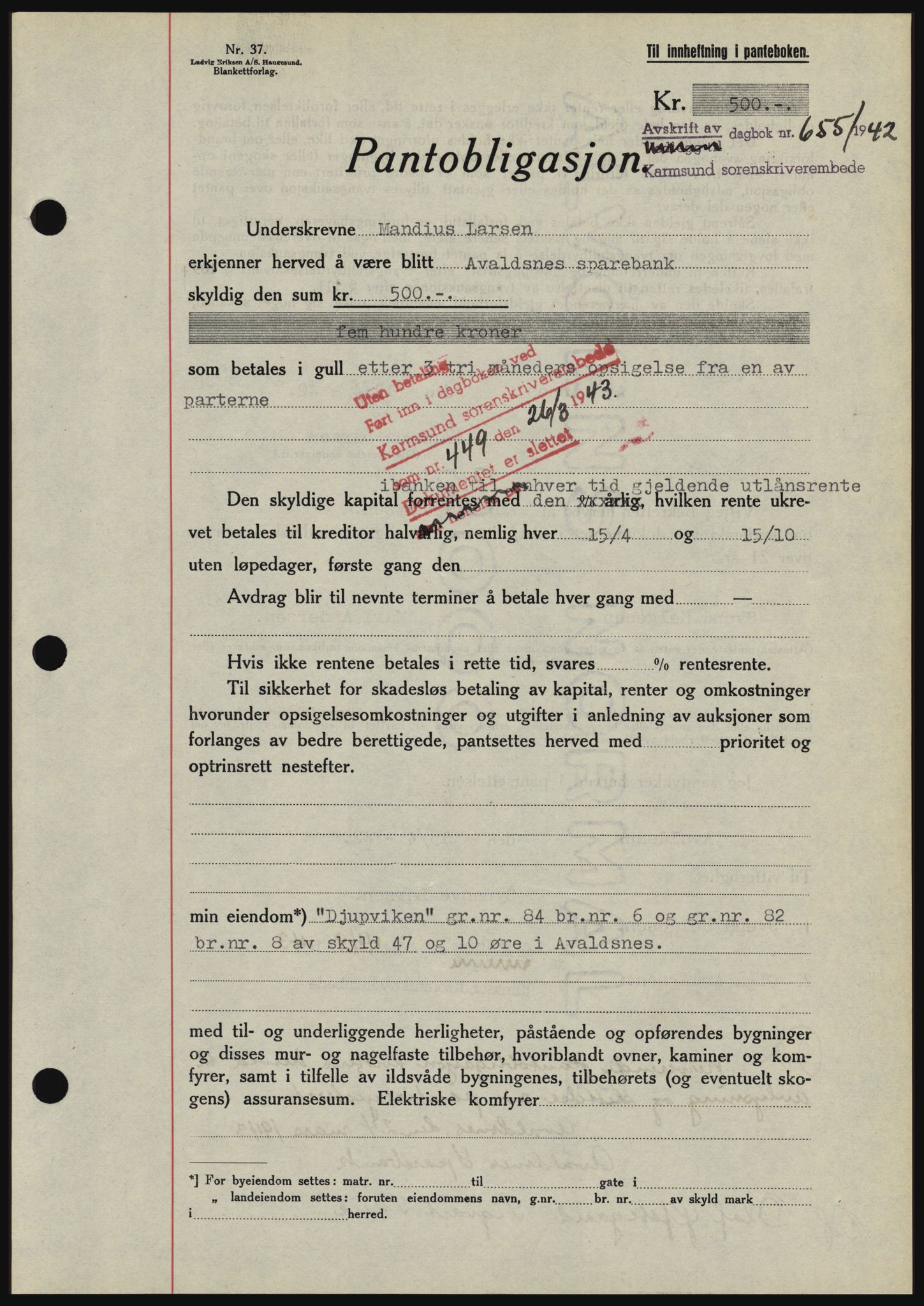 Karmsund sorenskriveri, SAST/A-100311/01/II/IIBBE/L0008: Pantebok nr. B 54, 1942-1943, Dagboknr: 655/1942