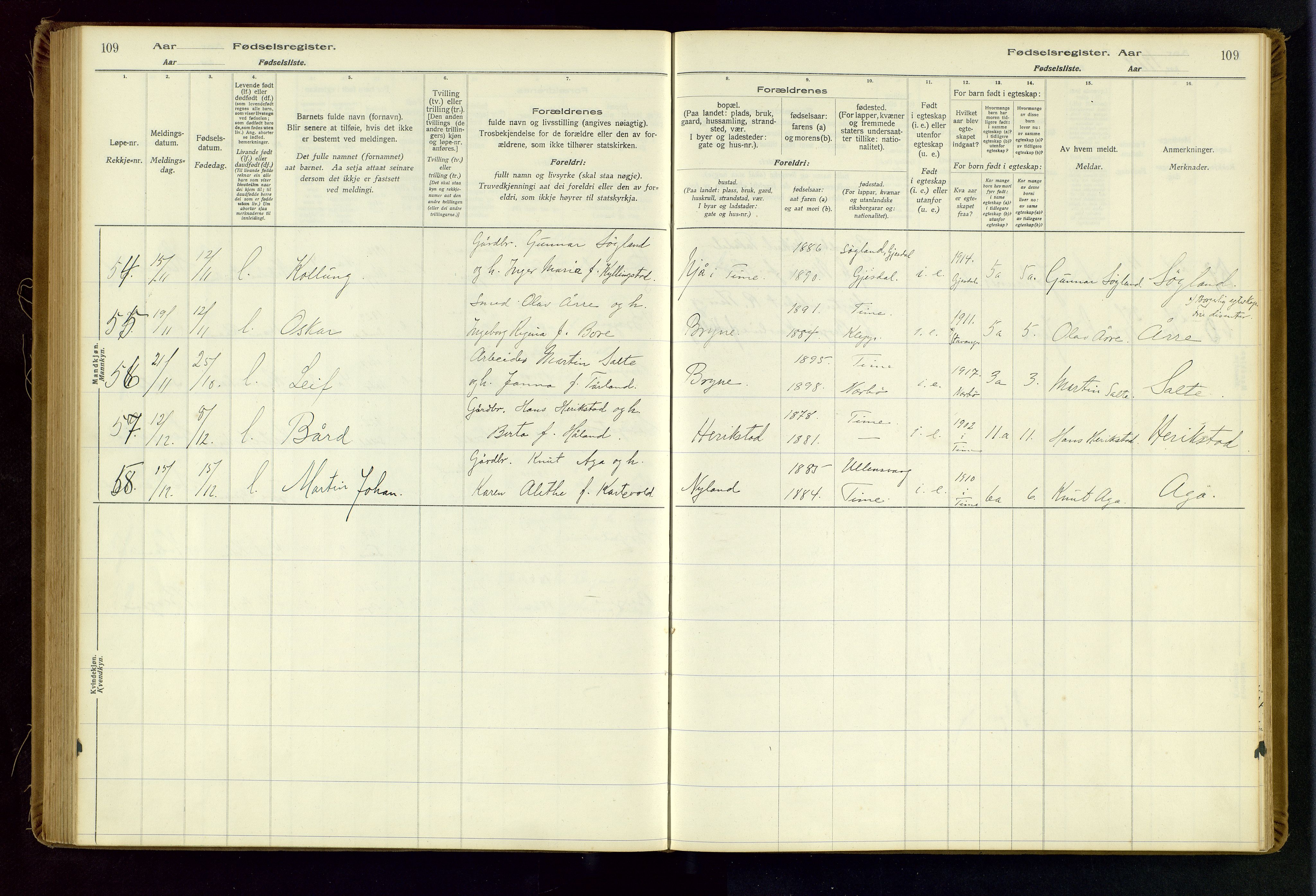 Time sokneprestkontor, AV/SAST-A-101795/001/704BA/L0001: Fødselsregister nr. 1, 1916-1934, s. 109