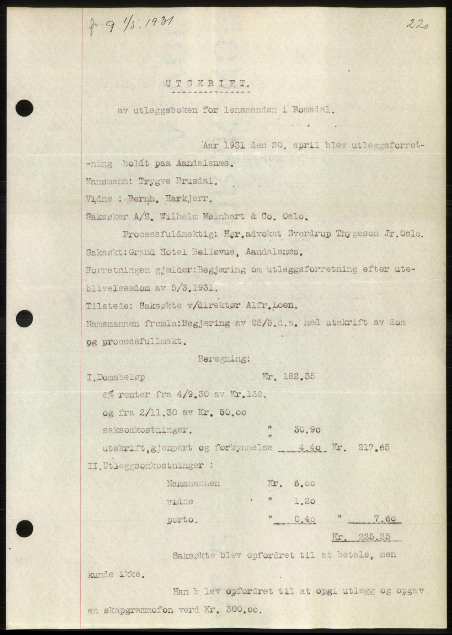 Romsdal sorenskriveri, SAT/A-4149/1/2/2C/L0059: Pantebok nr. 53, 1931-1931, Tingl.dato: 01.05.1931