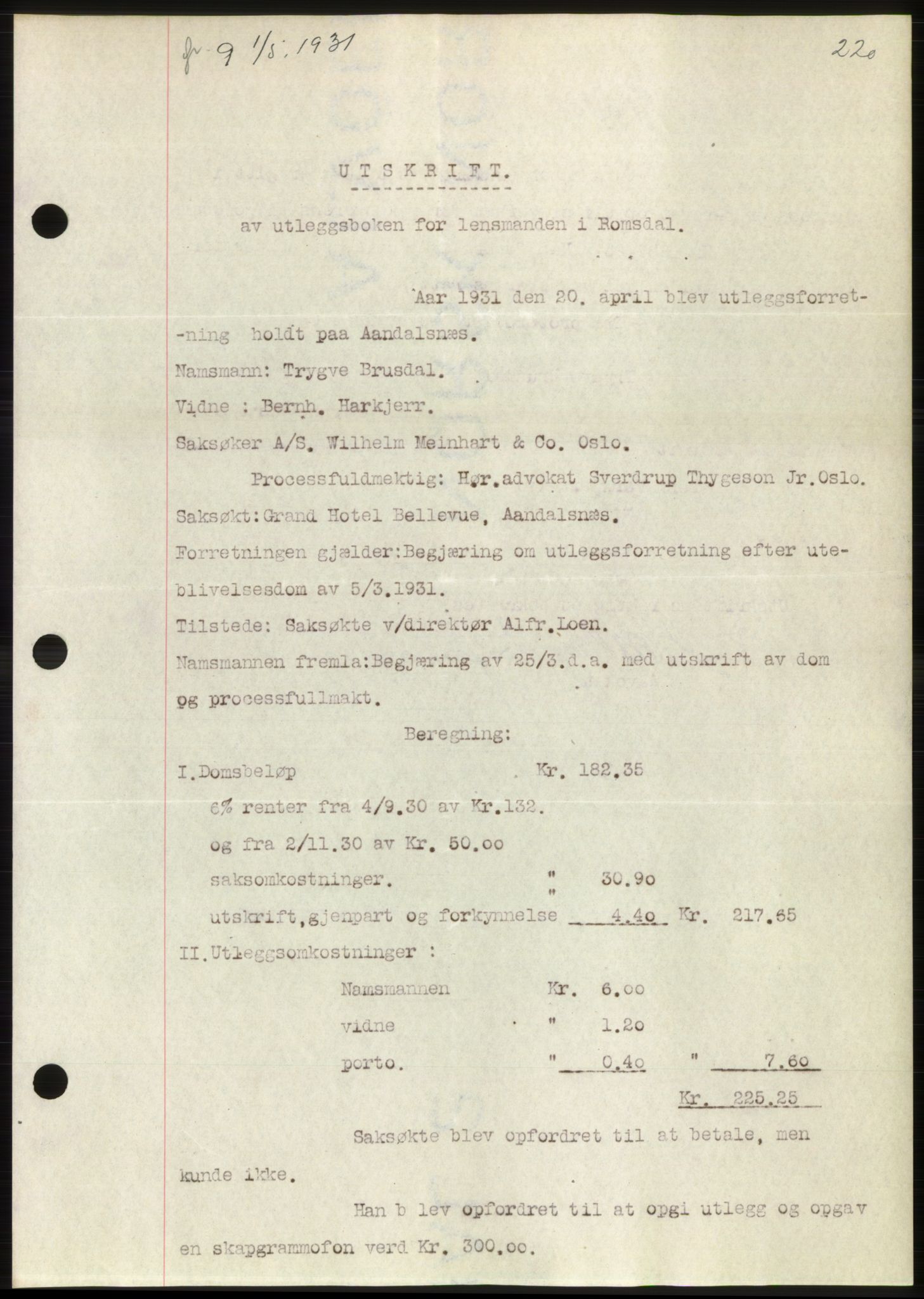 Romsdal sorenskriveri, AV/SAT-A-4149/1/2/2C/L0059: Pantebok nr. 53, 1931-1931, Tingl.dato: 01.05.1931