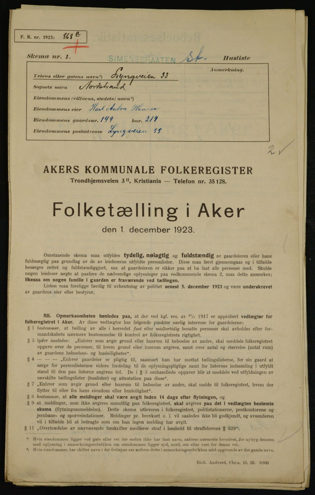 , Kommunal folketelling 1.12.1923 for Aker, 1923, s. 41994