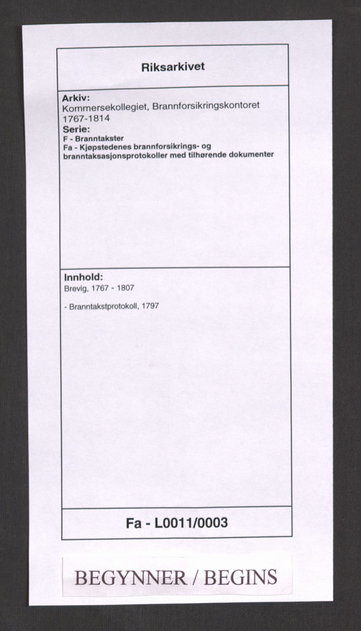 Kommersekollegiet, Brannforsikringskontoret 1767-1814, AV/RA-EA-5458/F/Fa/L0011/0003: Brevik / Branntakstprotokoll, 1797