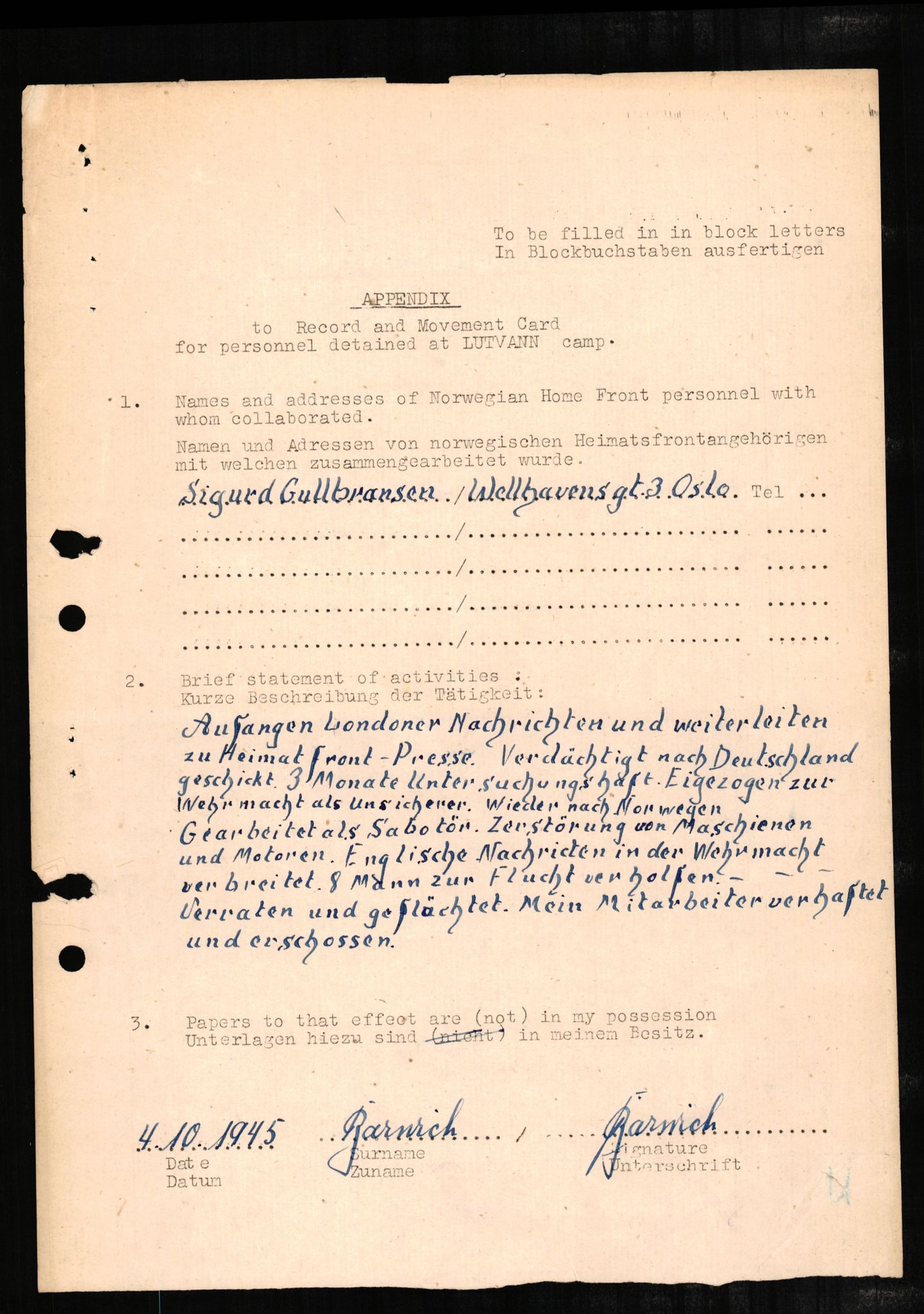 Forsvaret, Forsvarets overkommando II, AV/RA-RAFA-3915/D/Db/L0002: CI Questionaires. Tyske okkupasjonsstyrker i Norge. Tyskere., 1945-1946, s. 201