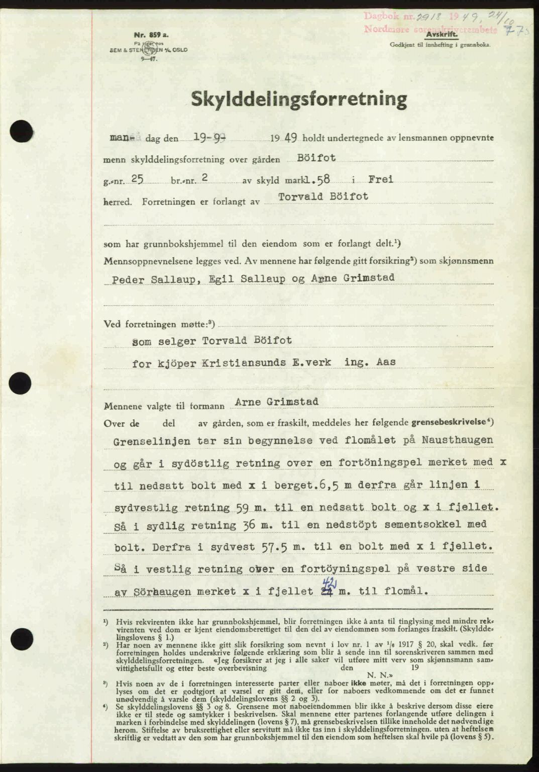 Nordmøre sorenskriveri, SAT/A-4132/1/2/2Ca: Pantebok nr. A112, 1949-1949, Dagboknr: 2918/1949