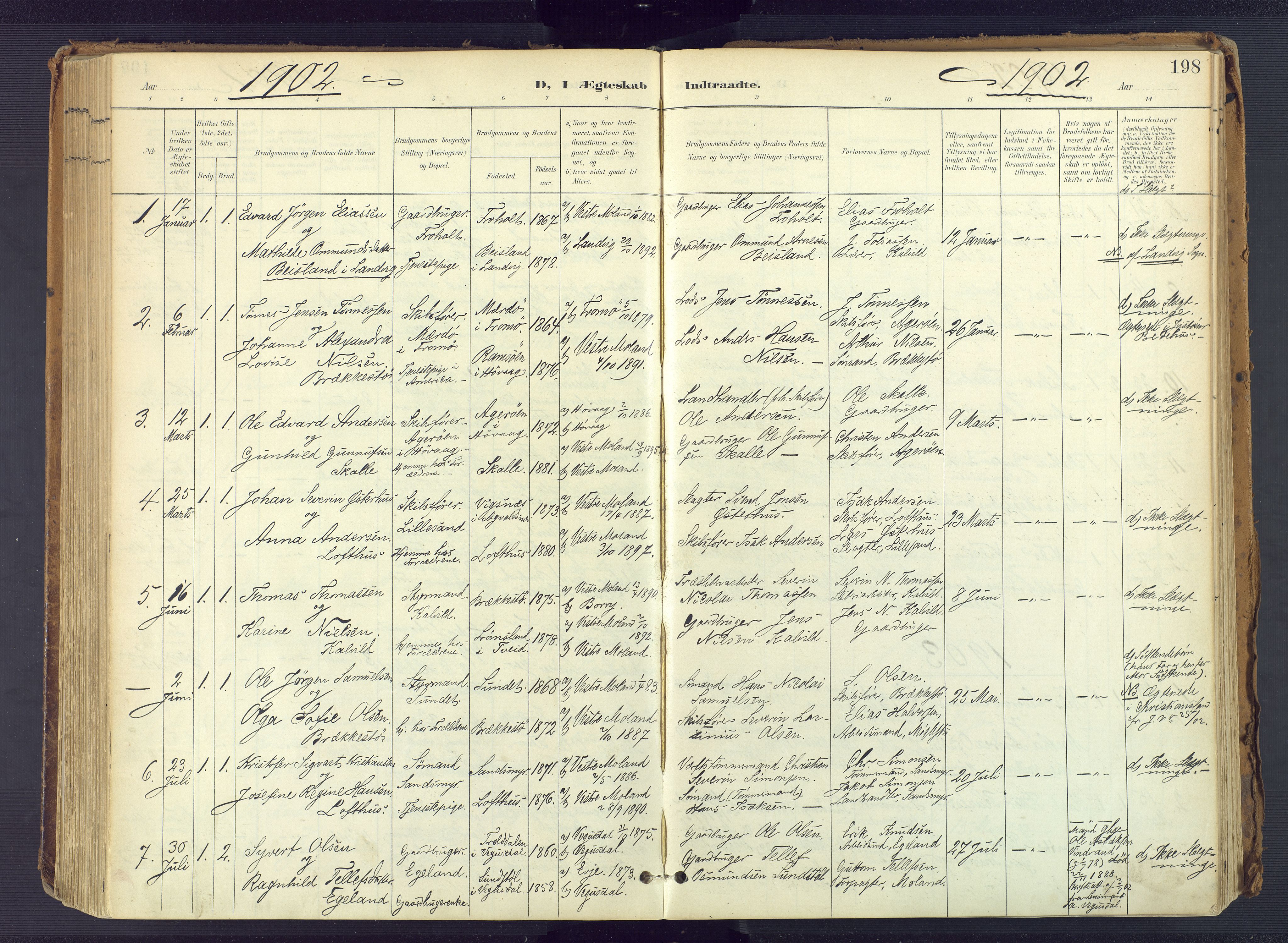 Vestre Moland sokneprestkontor, AV/SAK-1111-0046/F/Fa/Fab/L0010: Ministerialbok nr. A 10, 1900-1926, s. 198