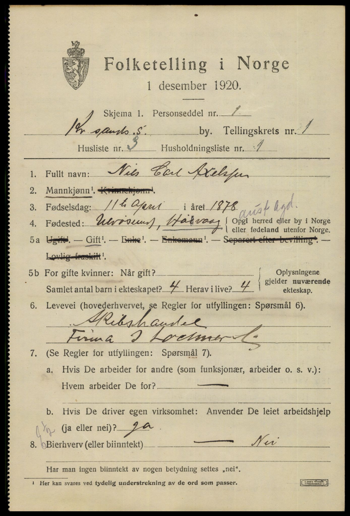 SAK, Folketelling 1920 for 1001 Kristiansand kjøpstad, 1920, s. 11131
