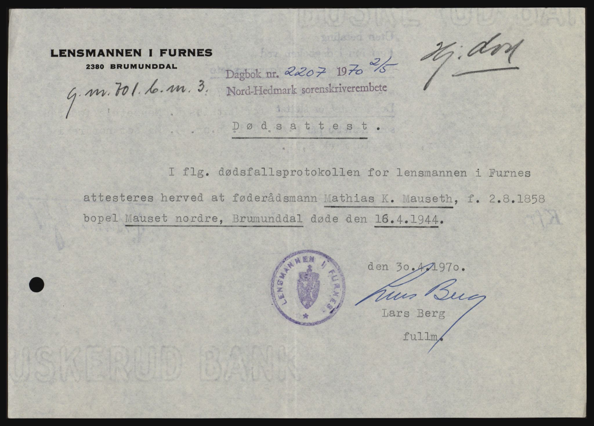 Nord-Hedmark sorenskriveri, AV/SAH-TING-012/H/Hc/L0033: Pantebok nr. 33, 1970-1970, Dagboknr: 2207/1970