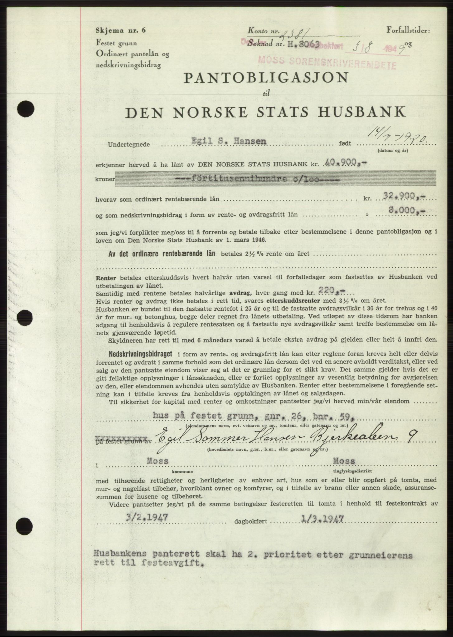 Moss sorenskriveri, SAO/A-10168: Pantebok nr. B22, 1949-1949, Dagboknr: 2381/1949