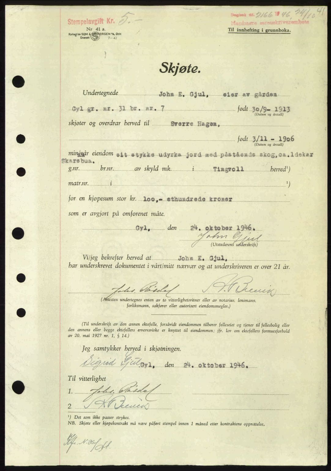 Nordmøre sorenskriveri, SAT/A-4132/1/2/2Ca: Pantebok nr. A103, 1946-1947, Dagboknr: 2166/1946