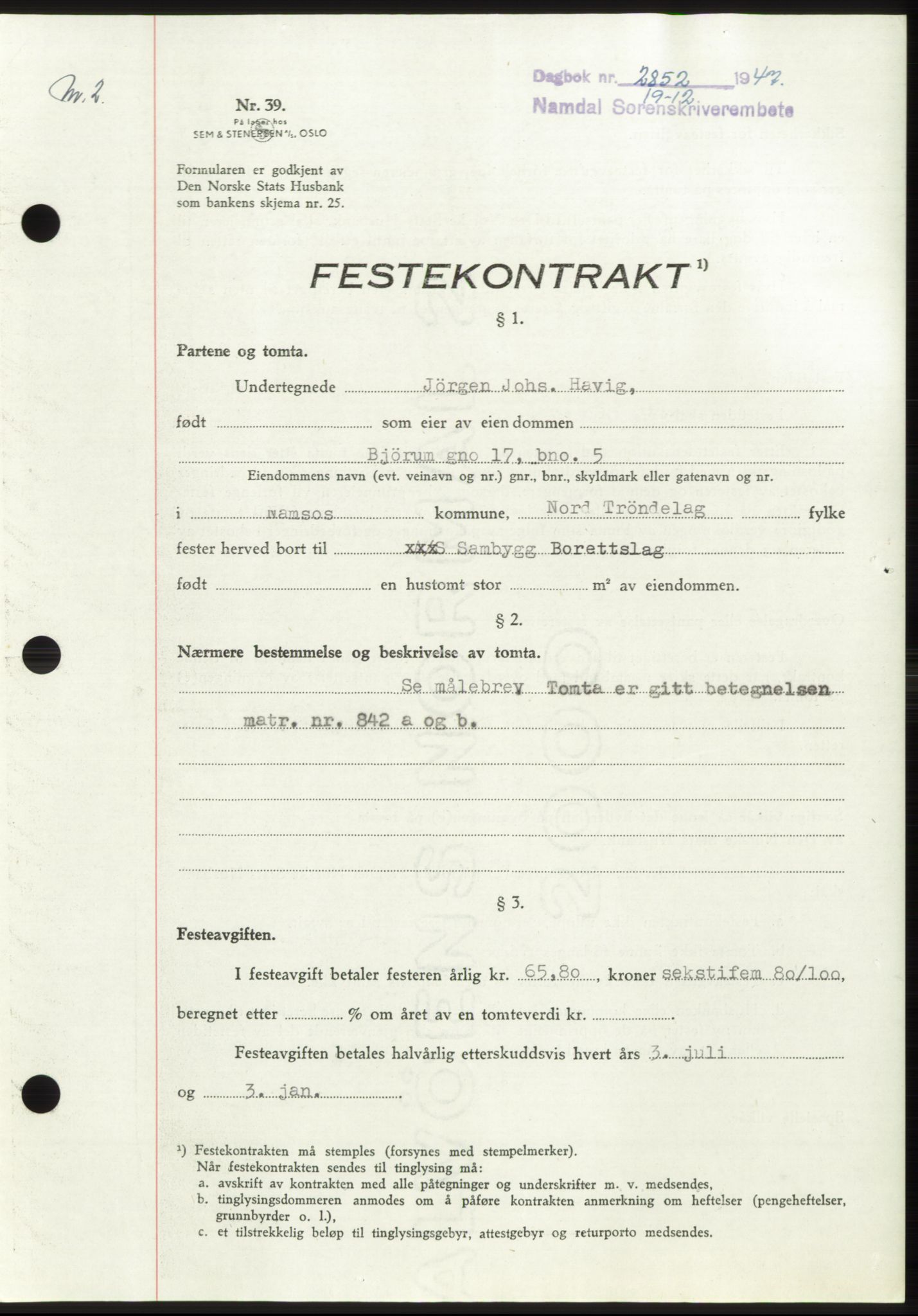Namdal sorenskriveri, SAT/A-4133/1/2/2C: Pantebok nr. -, 1947-1948, Dagboknr: 2852/1947