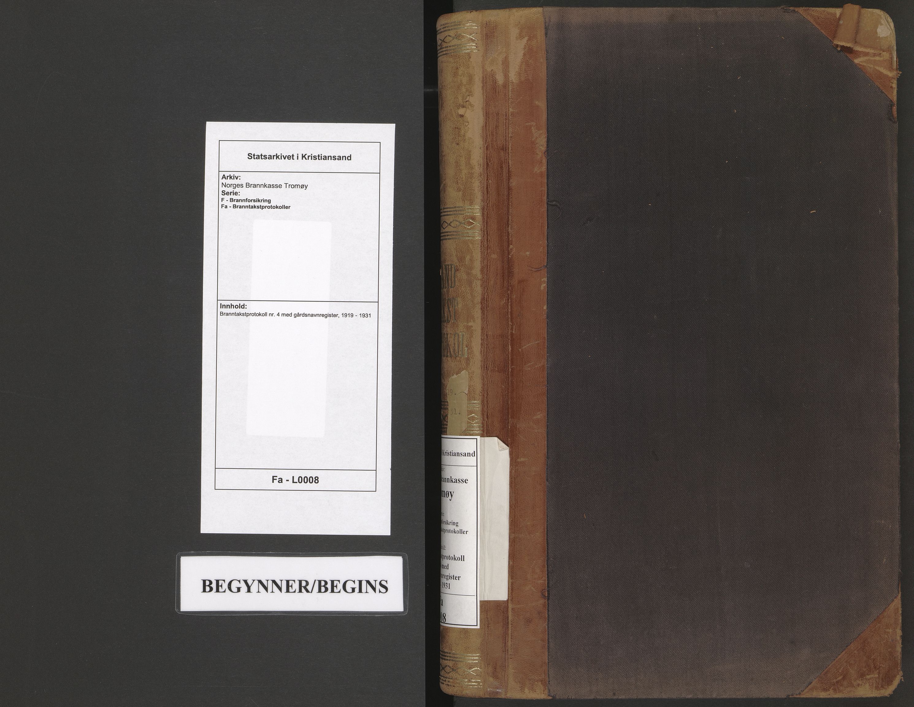 Norges Brannkasse Tromøy, SAK/2241-0049/F/Fa/L0008: Branntakstprotokoll nr. 4 med gårdsnavnregister, 1919-1931