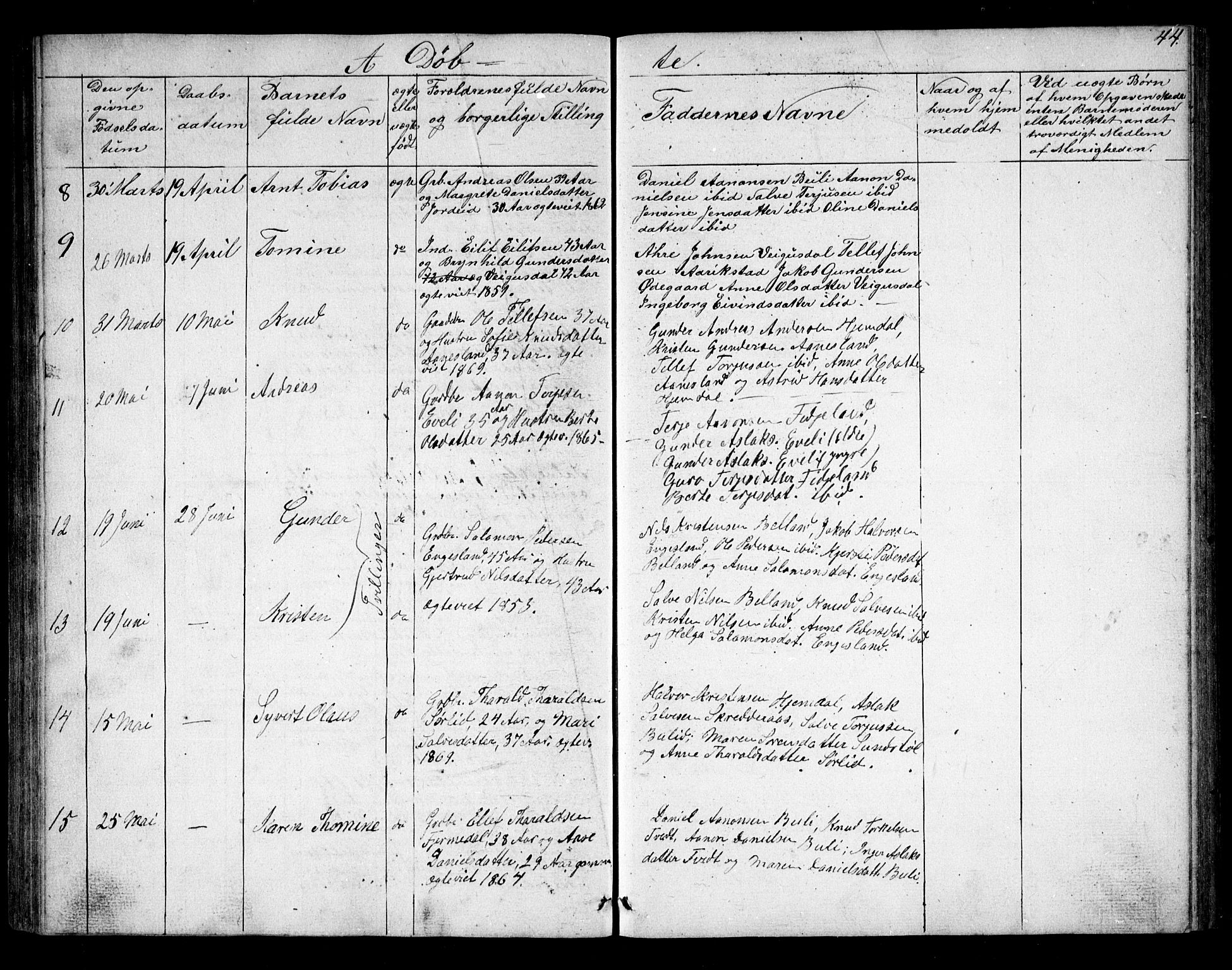 Herefoss sokneprestkontor, AV/SAK-1111-0019/F/Fb/Fbb/L0001: Klokkerbok nr. B 1, 1849-1879, s. 44