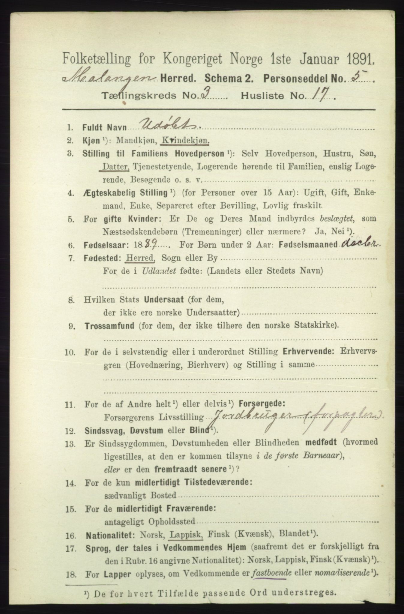 RA, Folketelling 1891 for 1932 Malangen herred, 1891, s. 829