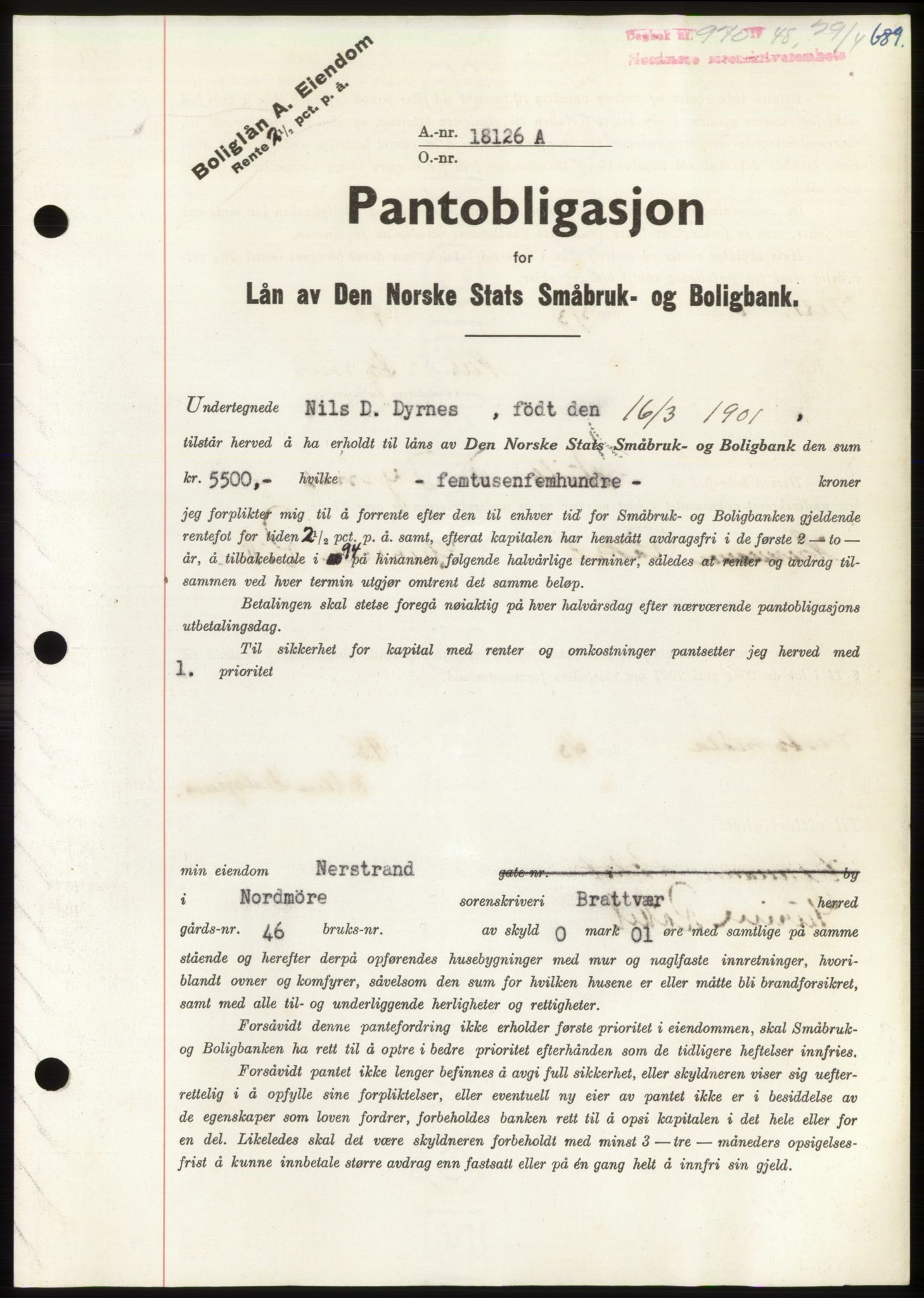 Nordmøre sorenskriveri, SAT/A-4132/1/2/2Ca: Pantebok nr. B98, 1948-1948, Dagboknr: 970/1948