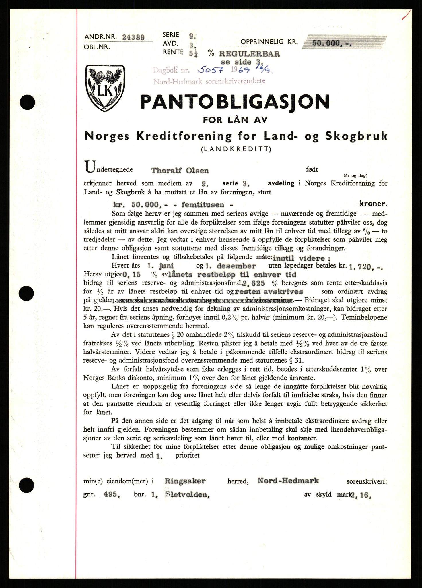 Nord-Hedmark sorenskriveri, SAH/TING-012/H/Hb/Hbf/L0081: Pantebok nr. B81, 1969-1969, Dagboknr: 5057/1969