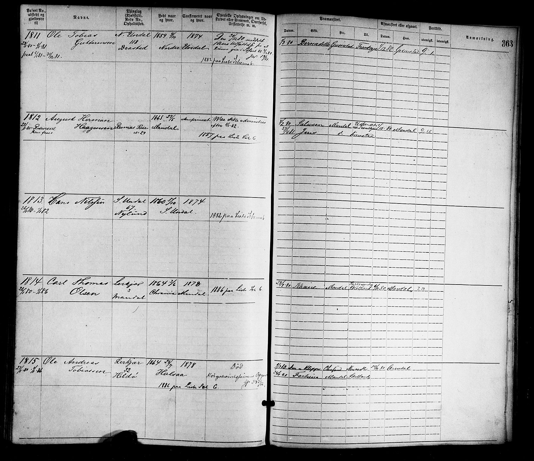 Mandal mønstringskrets, SAK/2031-0016/F/Fa/L0001: Annotasjonsrulle nr 1-1920 med register, L-3, 1869-1881, s. 403