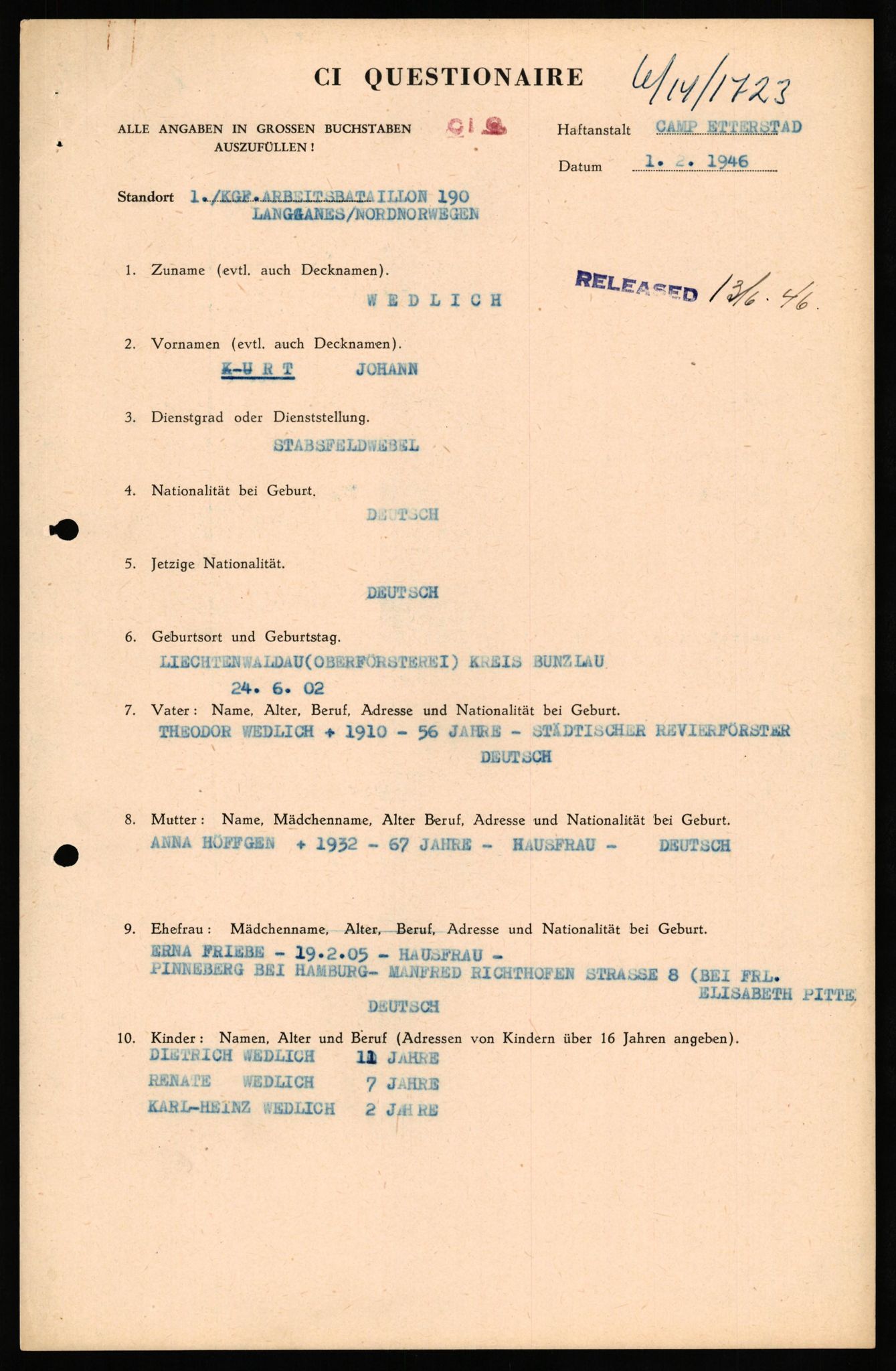Forsvaret, Forsvarets overkommando II, RA/RAFA-3915/D/Db/L0035: CI Questionaires. Tyske okkupasjonsstyrker i Norge. Tyskere., 1945-1946, s. 63