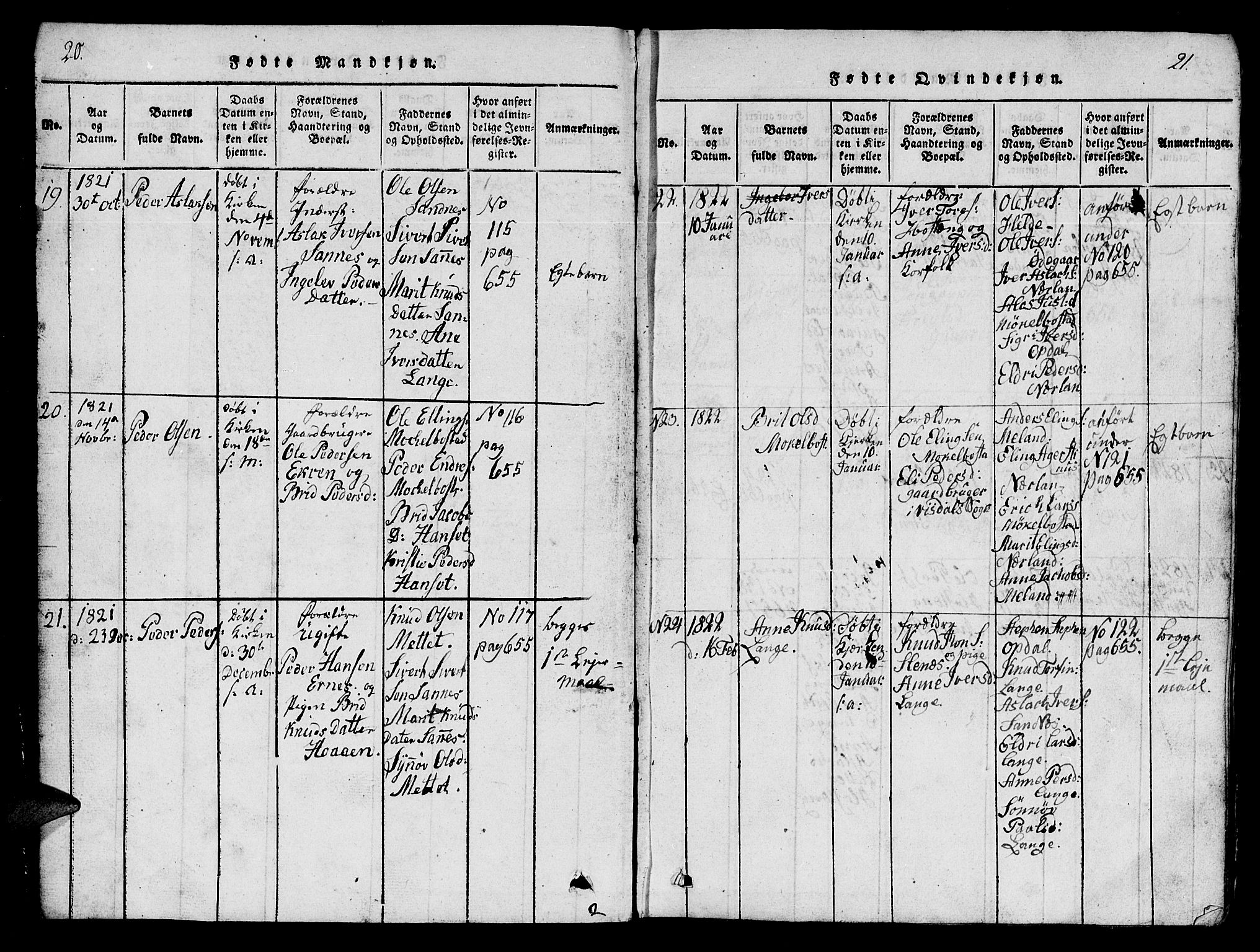 Ministerialprotokoller, klokkerbøker og fødselsregistre - Møre og Romsdal, AV/SAT-A-1454/554/L0644: Klokkerbok nr. 554C01, 1818-1851, s. 20-21