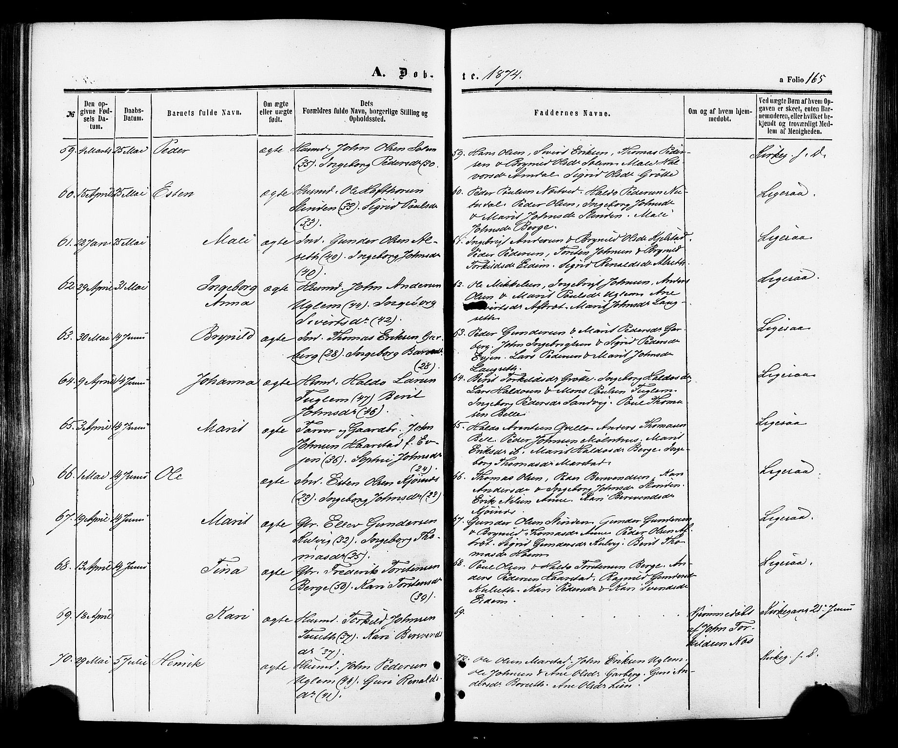 Ministerialprotokoller, klokkerbøker og fødselsregistre - Sør-Trøndelag, SAT/A-1456/695/L1147: Ministerialbok nr. 695A07, 1860-1877, s. 165