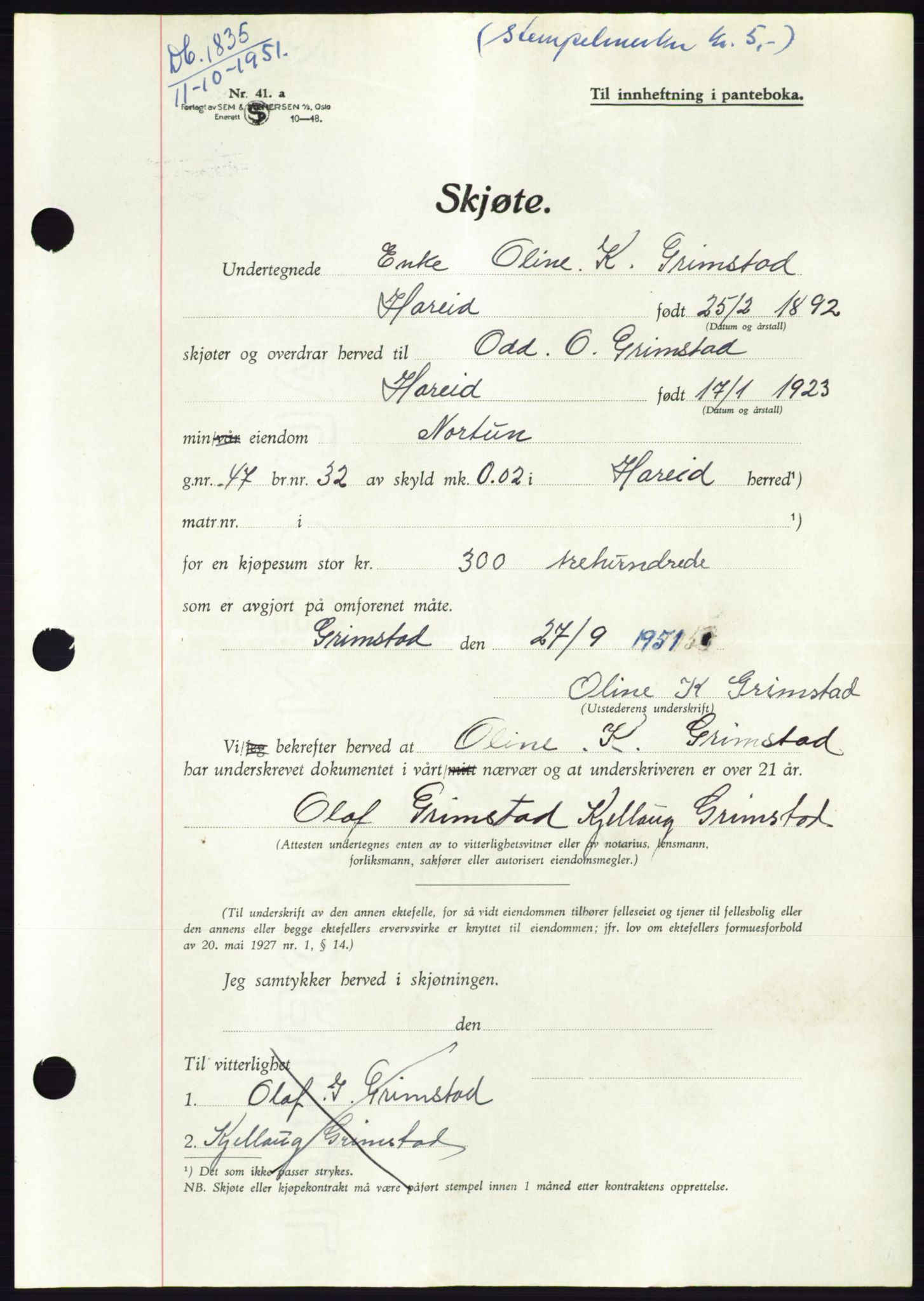 Søre Sunnmøre sorenskriveri, AV/SAT-A-4122/1/2/2C/L0090: Pantebok nr. 16A, 1951-1951, Dagboknr: 1835/1951