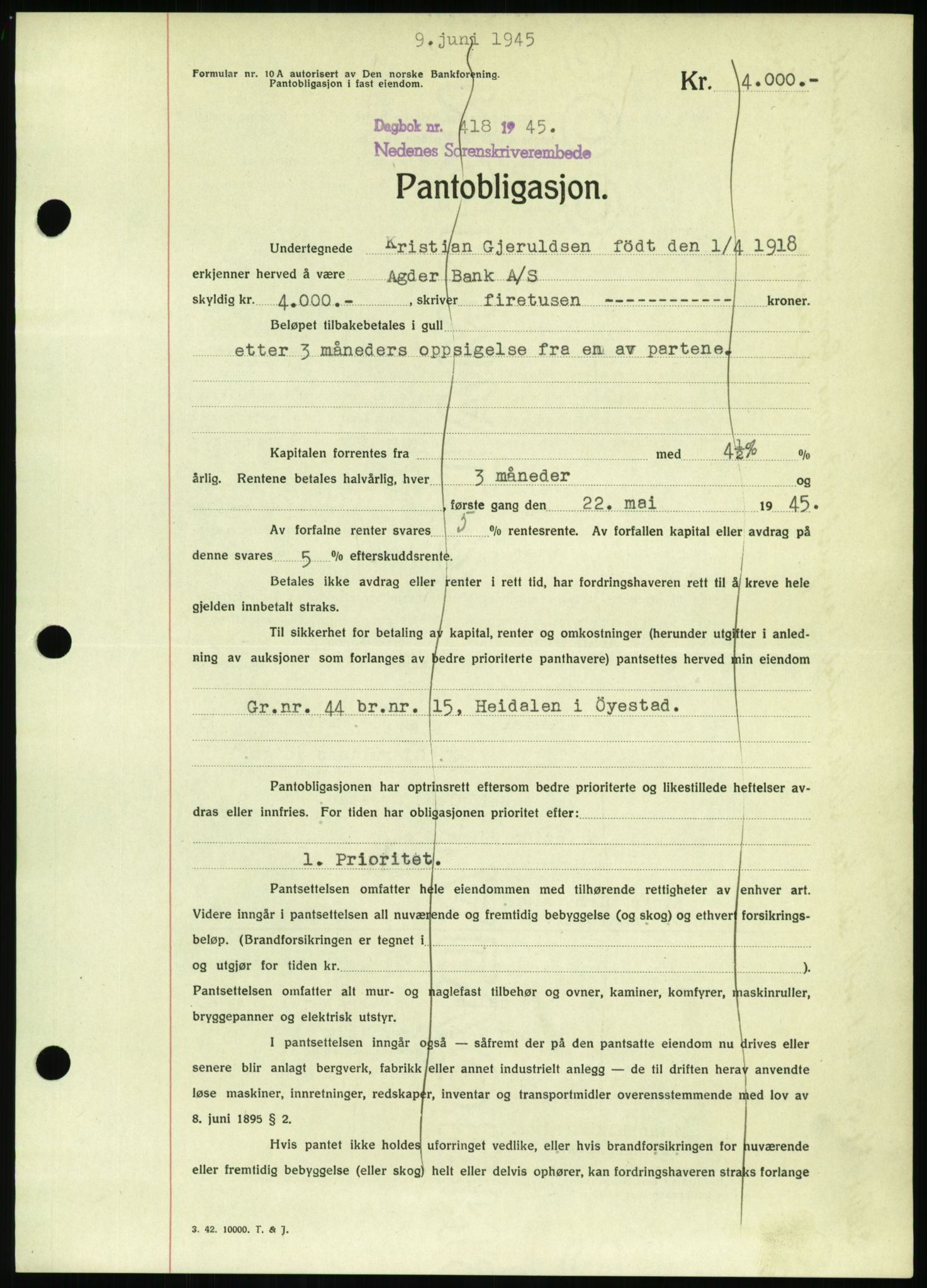 Nedenes sorenskriveri, SAK/1221-0006/G/Gb/Gbb/L0002: Pantebok nr. II, 1942-1945, Dagboknr: 418/1945