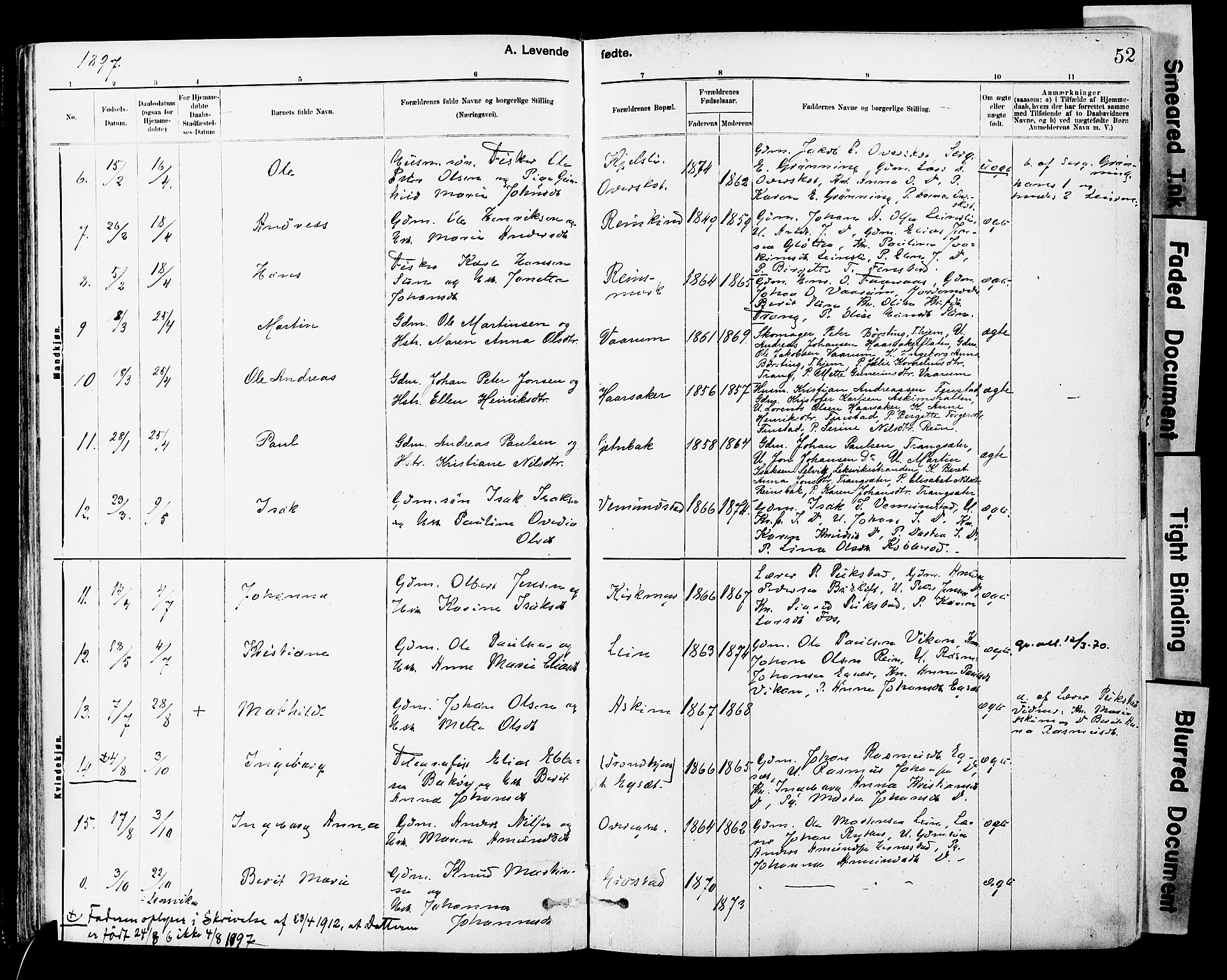 Ministerialprotokoller, klokkerbøker og fødselsregistre - Sør-Trøndelag, AV/SAT-A-1456/646/L0615: Ministerialbok nr. 646A13, 1885-1900, s. 52