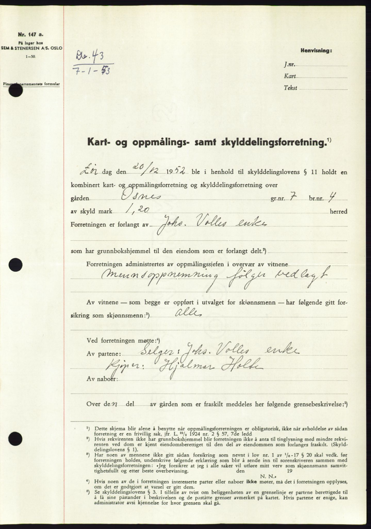 Søre Sunnmøre sorenskriveri, SAT/A-4122/1/2/2C/L0093: Pantebok nr. 19A, 1952-1953, Dagboknr: 43/1953