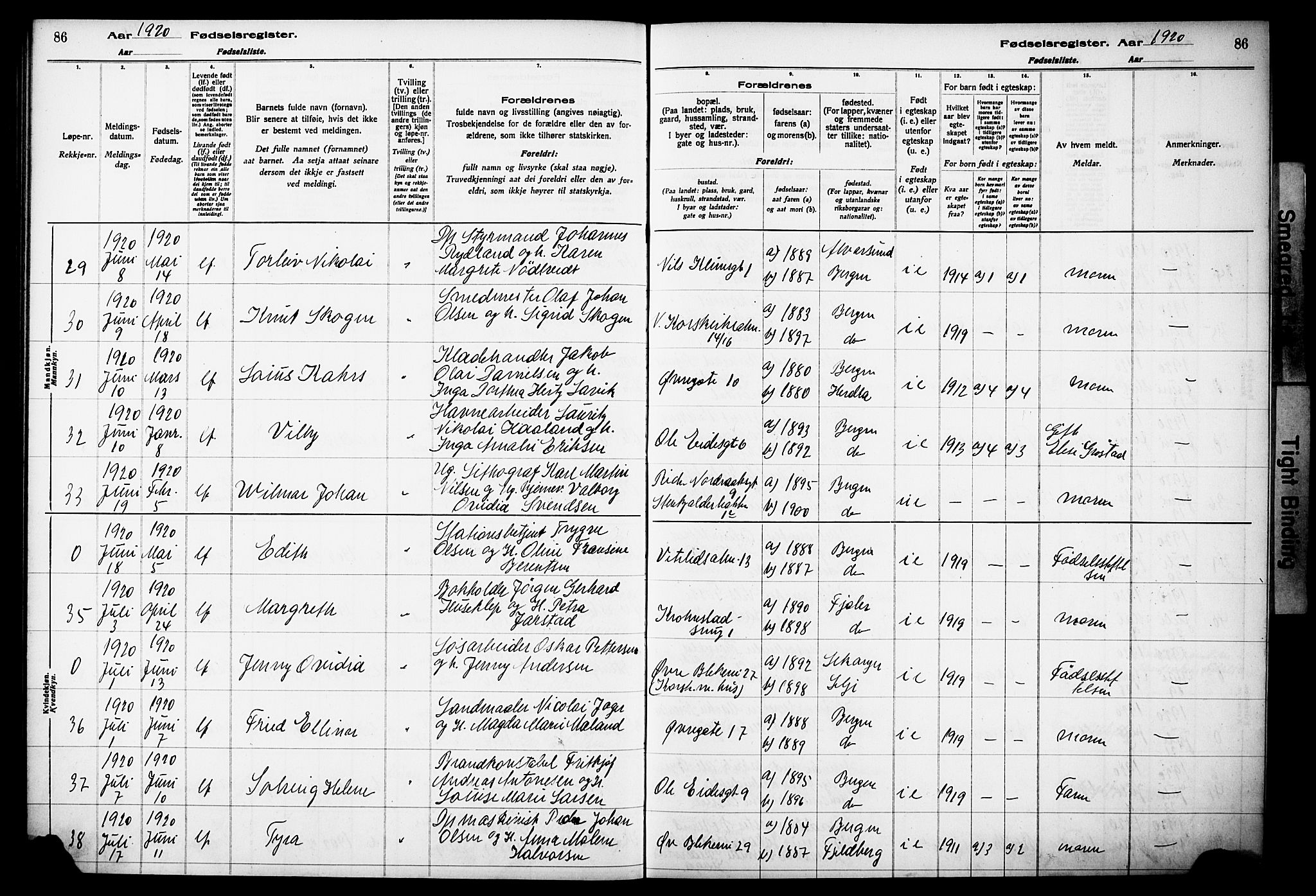 Korskirken sokneprestembete, AV/SAB-A-76101/I/Id/L00A1: Fødselsregister nr. A 1, 1916-1929, s. 86