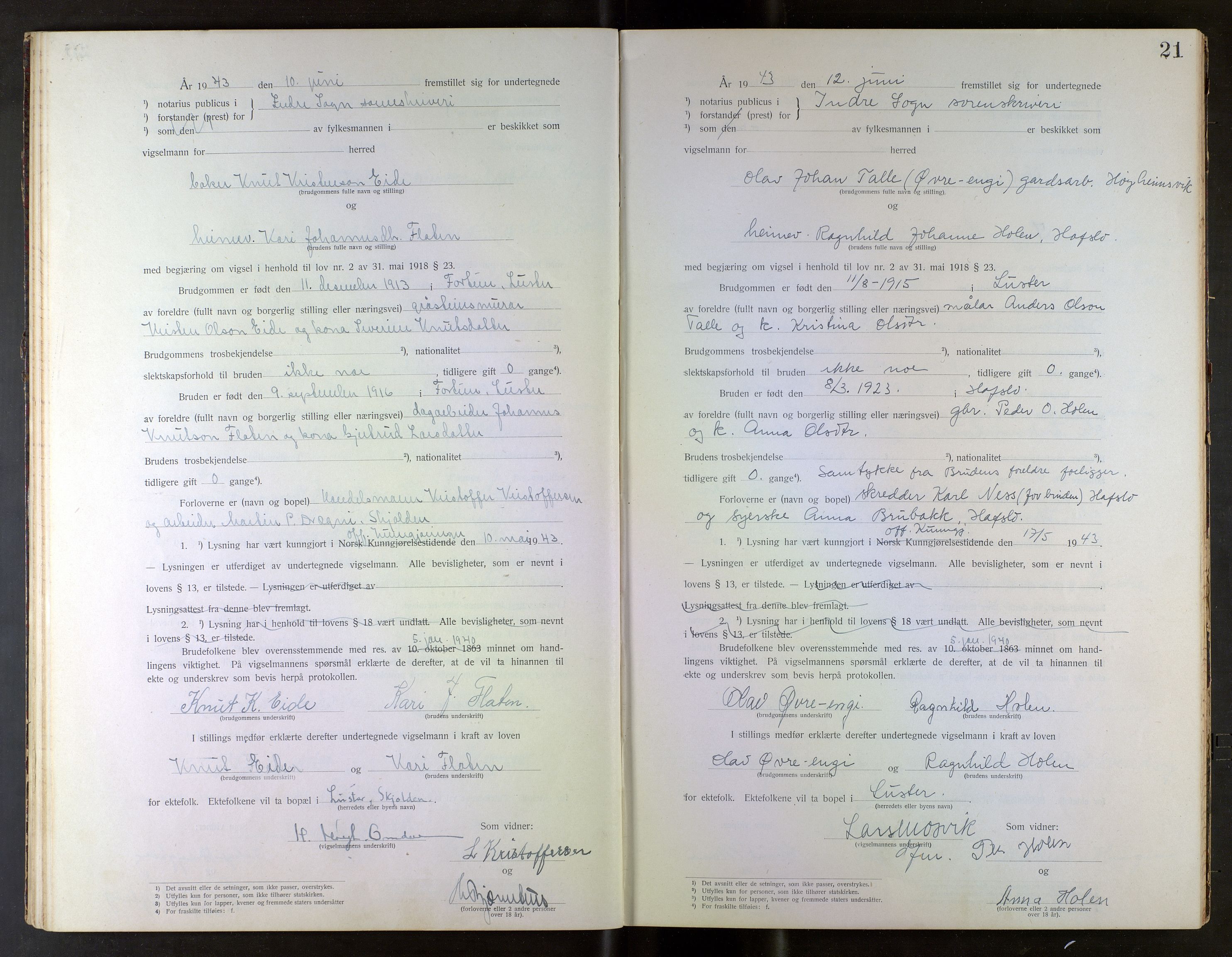 Indre Sogn tingrett, AV/SAB-A-3301/1/L/La/Laa/L0001: Vigselsbok Indre Sogn, 1938-1967, s. 21