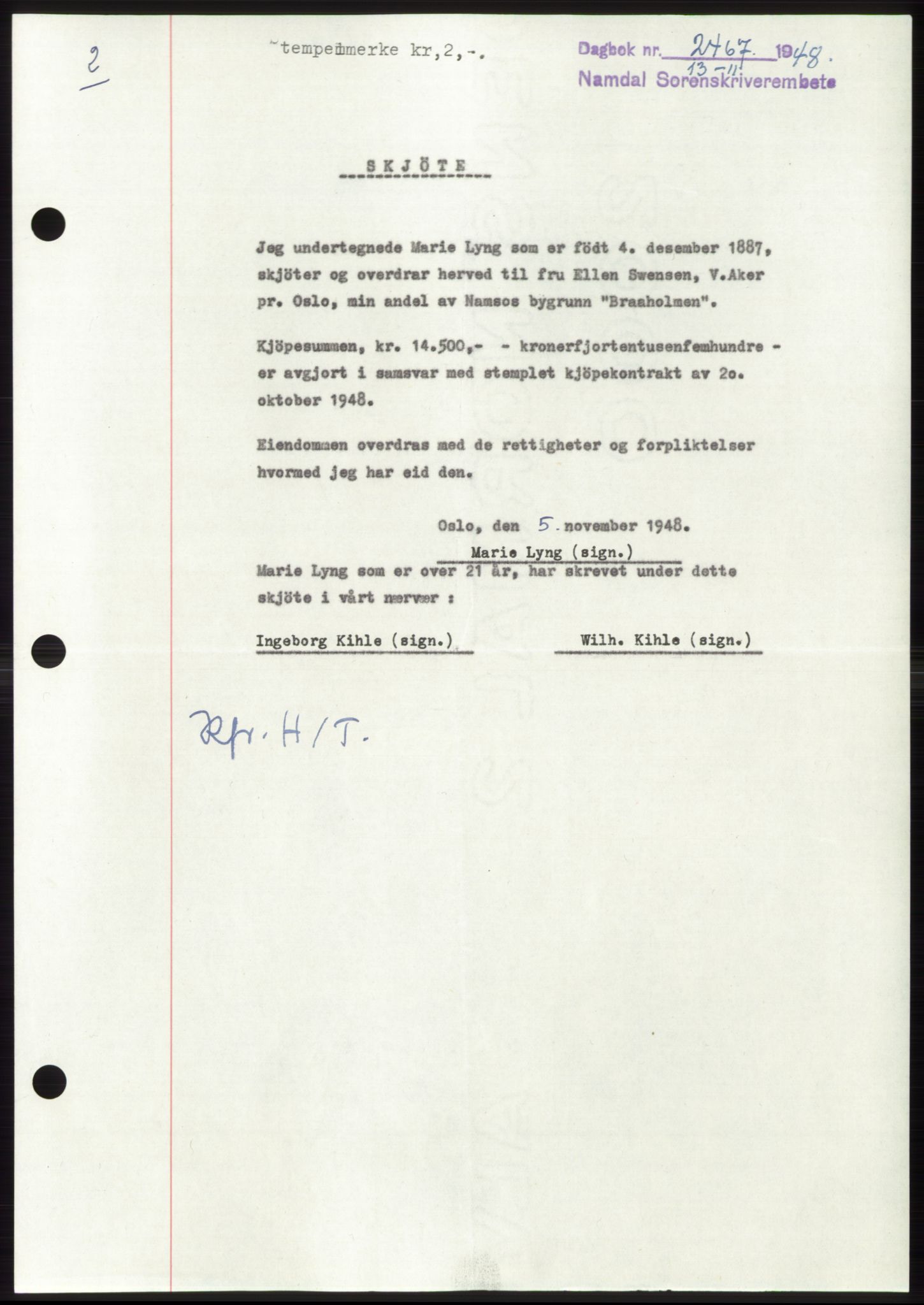 Namdal sorenskriveri, SAT/A-4133/1/2/2C: Pantebok nr. -, 1948-1948, Dagboknr: 2467/1948