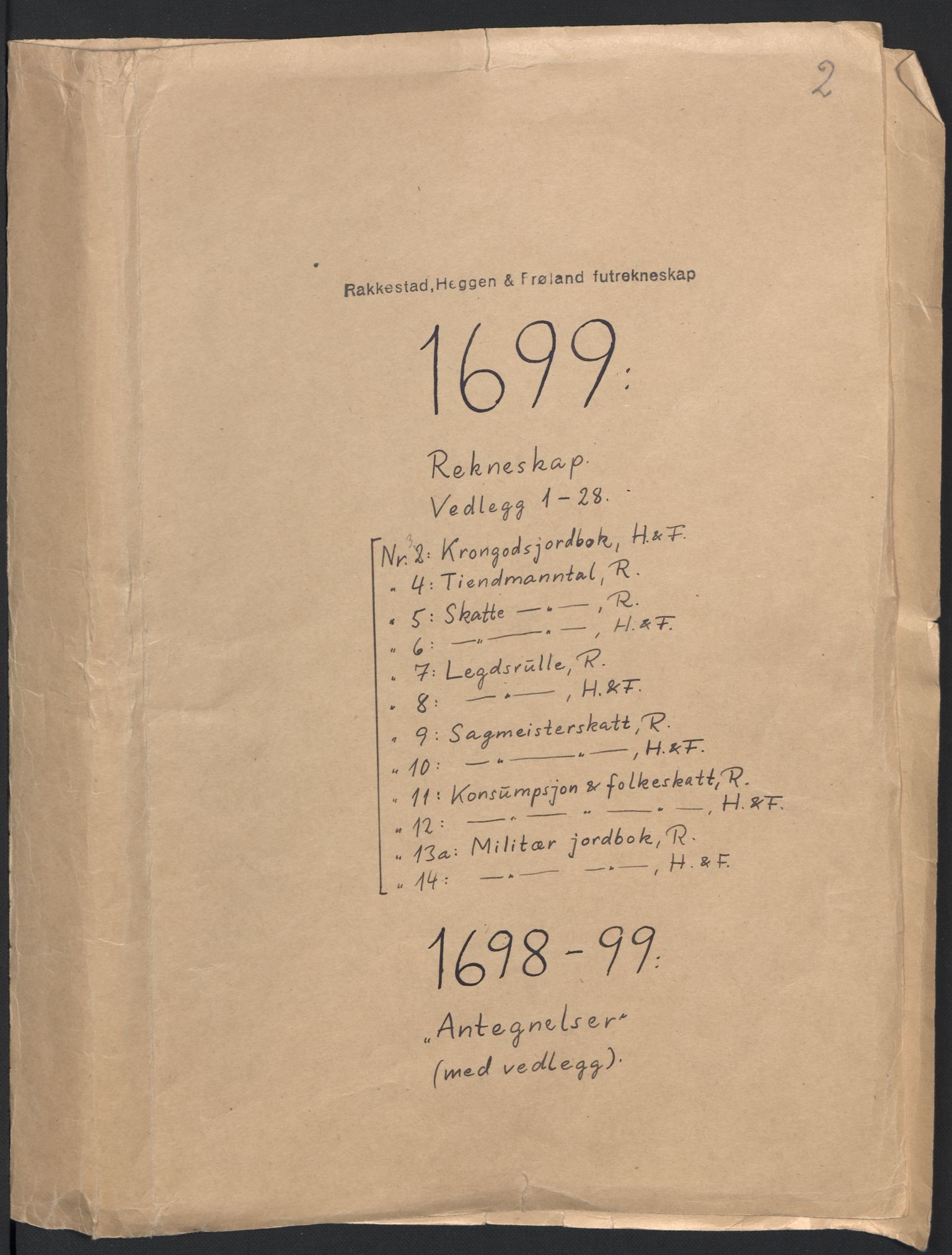 Rentekammeret inntil 1814, Reviderte regnskaper, Fogderegnskap, AV/RA-EA-4092/R07/L0289: Fogderegnskap Rakkestad, Heggen og Frøland, 1699, s. 2