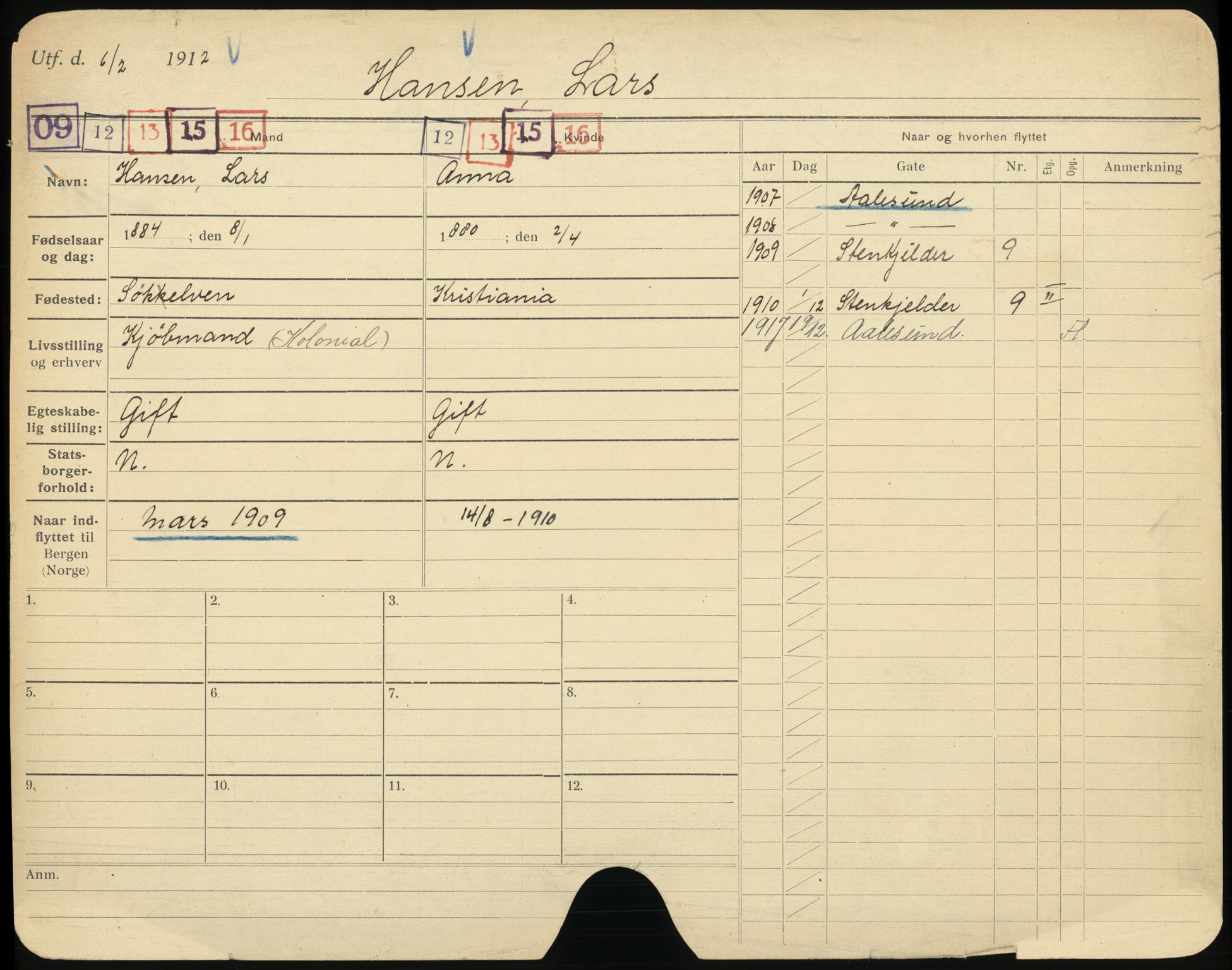 Bergen folkeregister, AV/SAB-A-17201/I/Ia/L0011: Utflyttet 1912 - 1920, Hansen, L. - Helgesen, 1912-1920