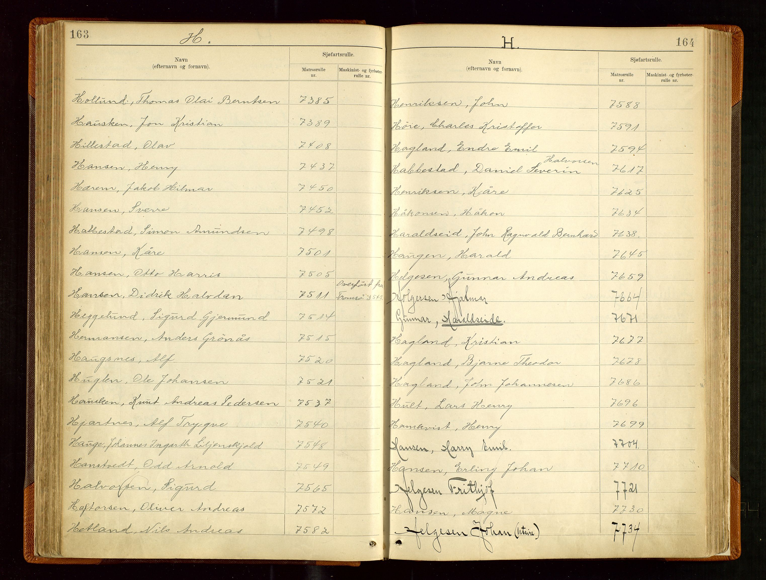 Haugesund sjømannskontor, AV/SAST-A-102007/F/Fb/Fba/L0004: Navneregister med henvisning til rullenummer (etternavn) Haugesund krets, 1860-1948, s. 163-164