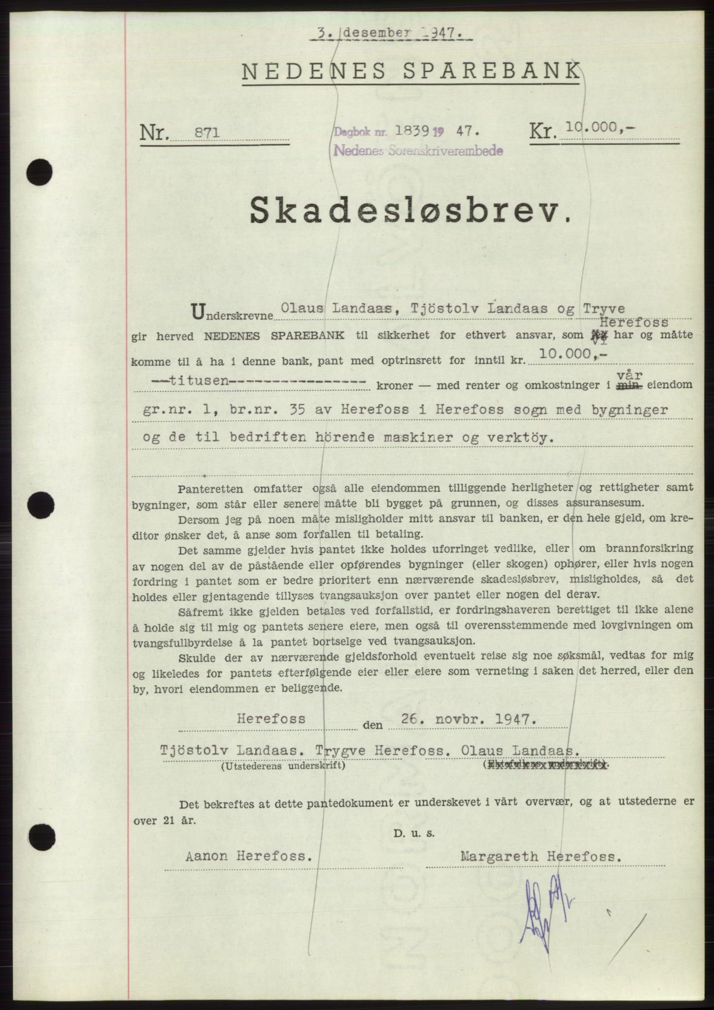 Nedenes sorenskriveri, SAK/1221-0006/G/Gb/Gbb/L0004: Pantebok nr. B4, 1947-1947, Dagboknr: 1839/1947