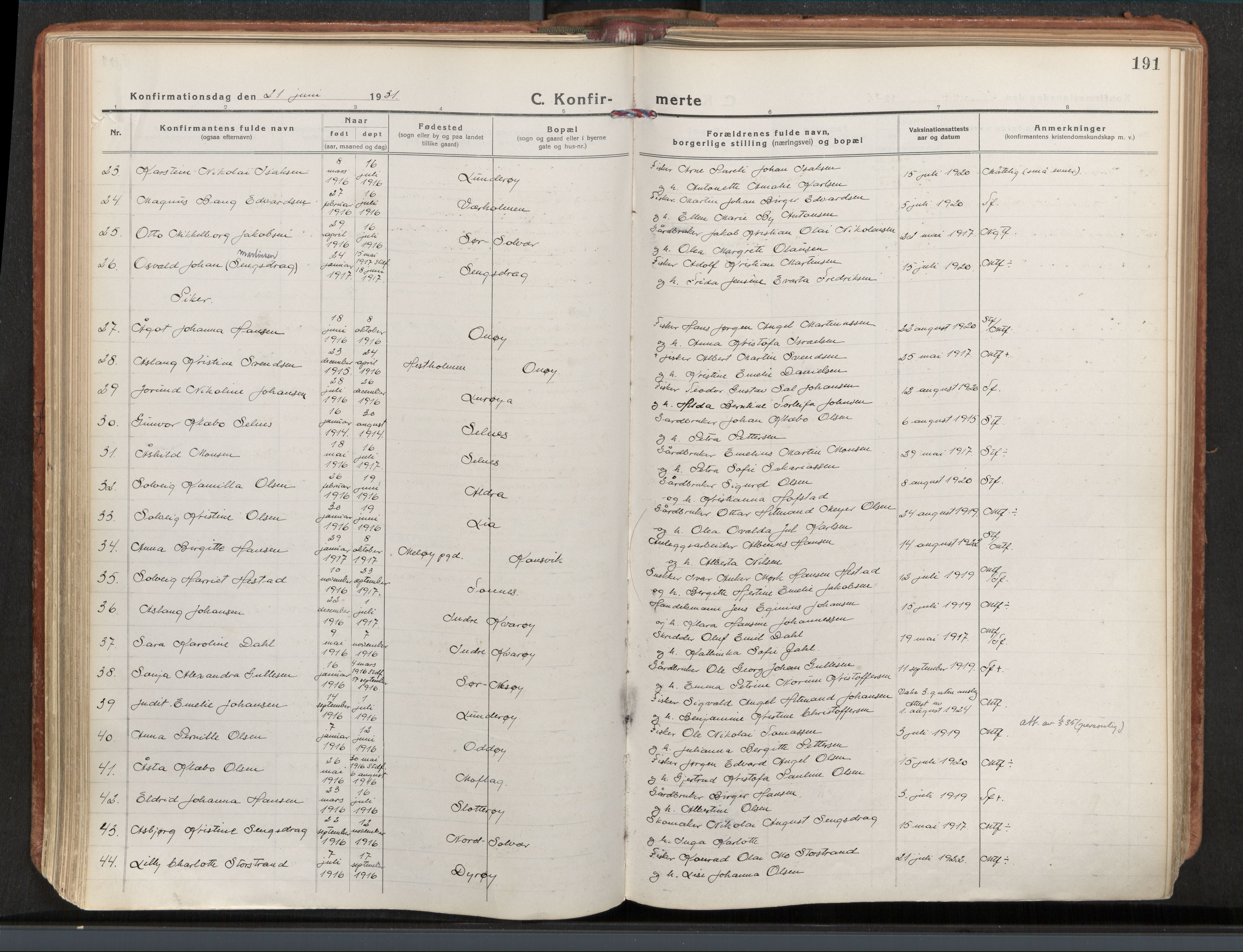 Ministerialprotokoller, klokkerbøker og fødselsregistre - Nordland, AV/SAT-A-1459/839/L0570: Ministerialbok nr. 839A07, 1923-1942, s. 191