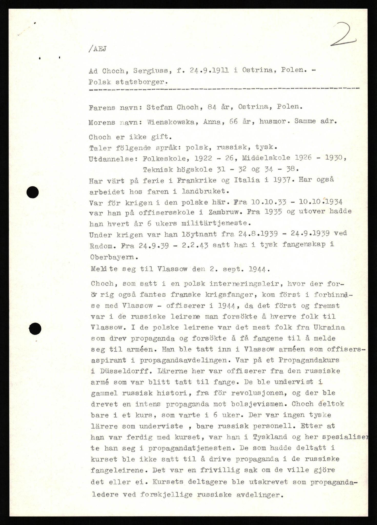 Forsvaret, Forsvarets overkommando II, AV/RA-RAFA-3915/D/Db/L0041: CI Questionaires.  Diverse nasjonaliteter., 1945-1946, s. 44