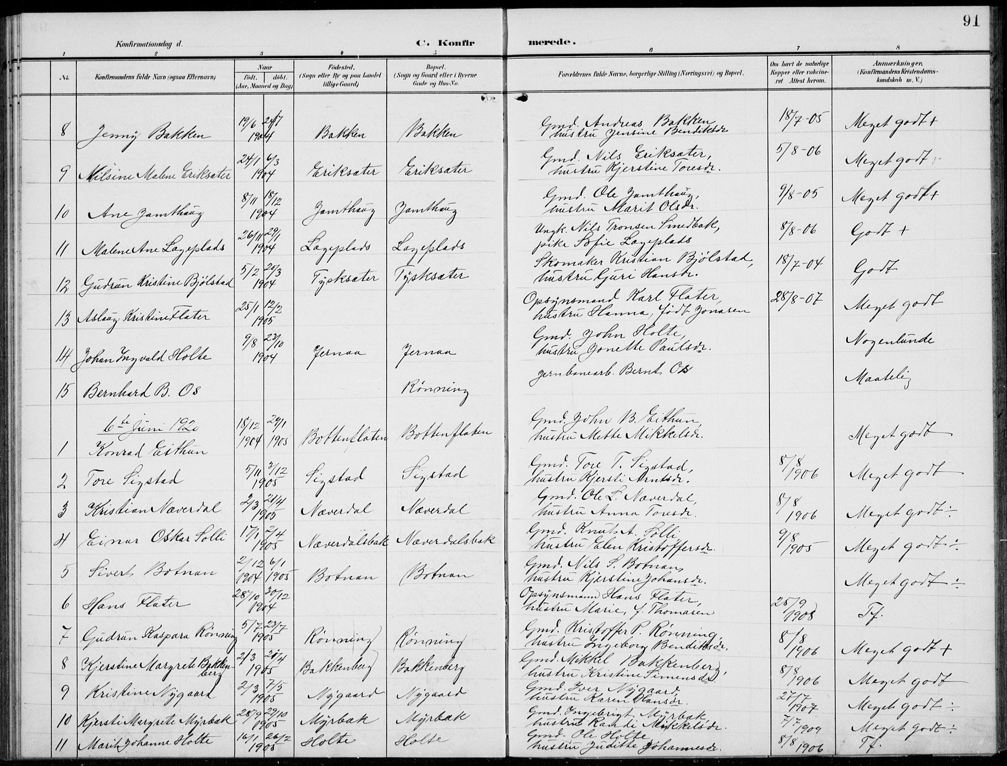 Kvikne prestekontor, AV/SAH-PREST-064/H/Ha/Hab/L0004: Klokkerbok nr. 4, 1902-1937, s. 91