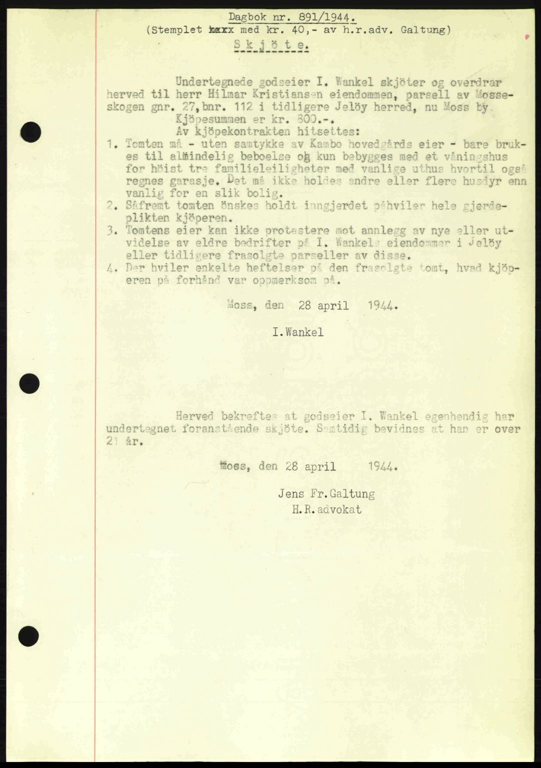 Moss sorenskriveri, SAO/A-10168: Pantebok nr. A12, 1943-1944, Dagboknr: 891/1944