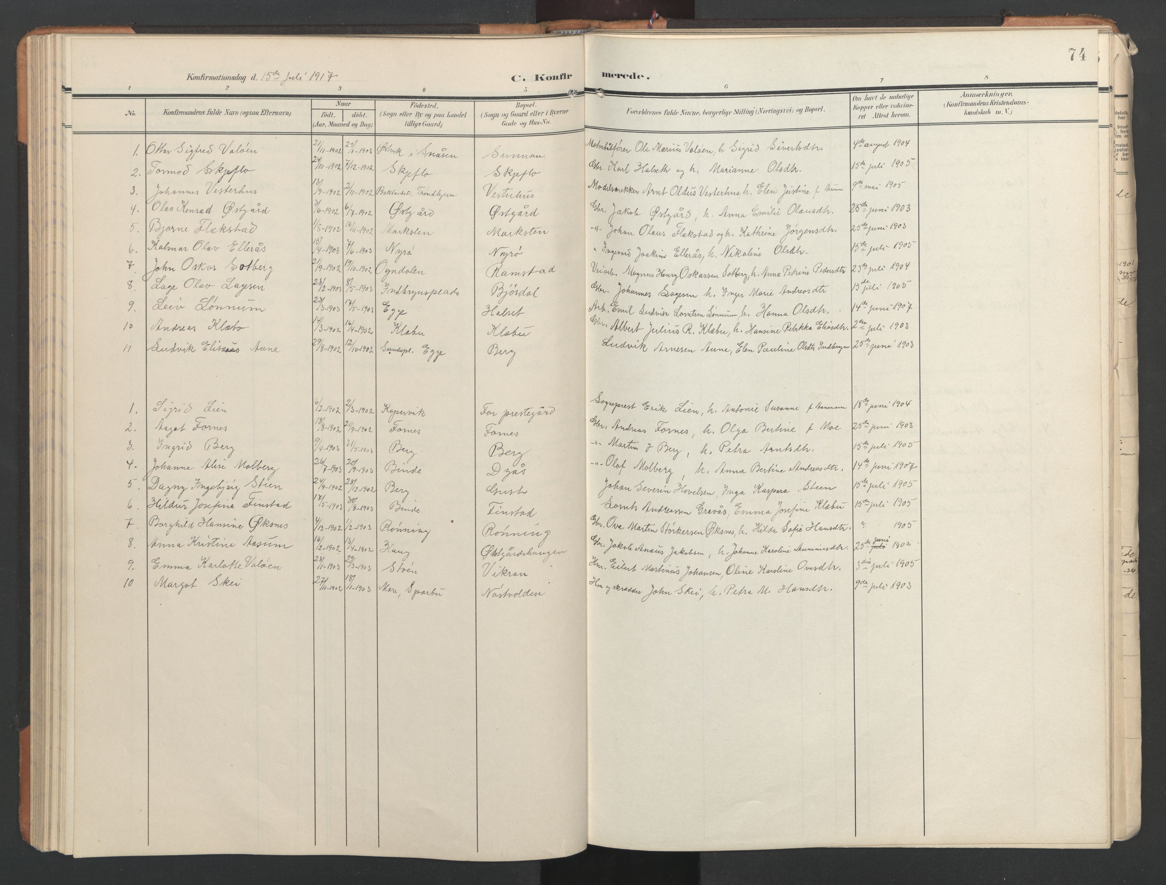 Ministerialprotokoller, klokkerbøker og fødselsregistre - Nord-Trøndelag, SAT/A-1458/746/L0455: Klokkerbok nr. 746C01, 1908-1933, s. 74