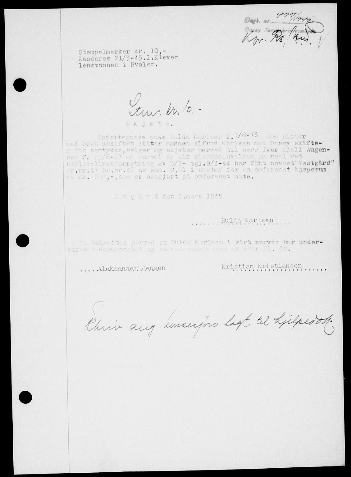 Onsøy sorenskriveri, SAO/A-10474/G/Ga/Gab/L0014: Pantebok nr. II A-14, 1944-1945, Dagboknr: 477/1945