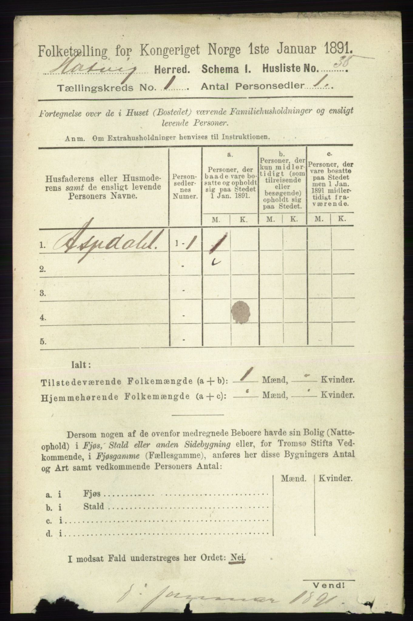 RA, Folketelling 1891 for 2015 Hasvik herred, 1891, s. 55