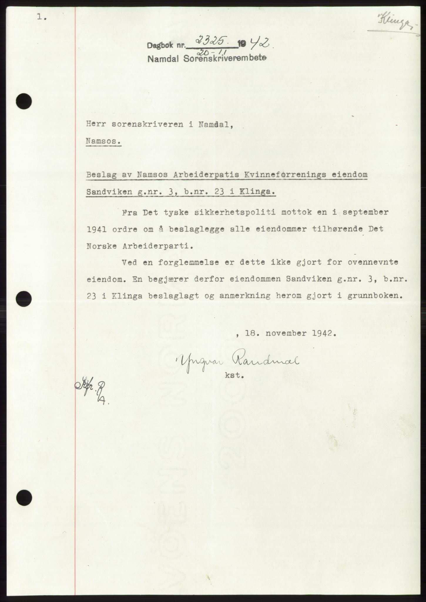 Namdal sorenskriveri, SAT/A-4133/1/2/2C: Pantebok nr. -, 1942-1943, Dagboknr: 2325/1942