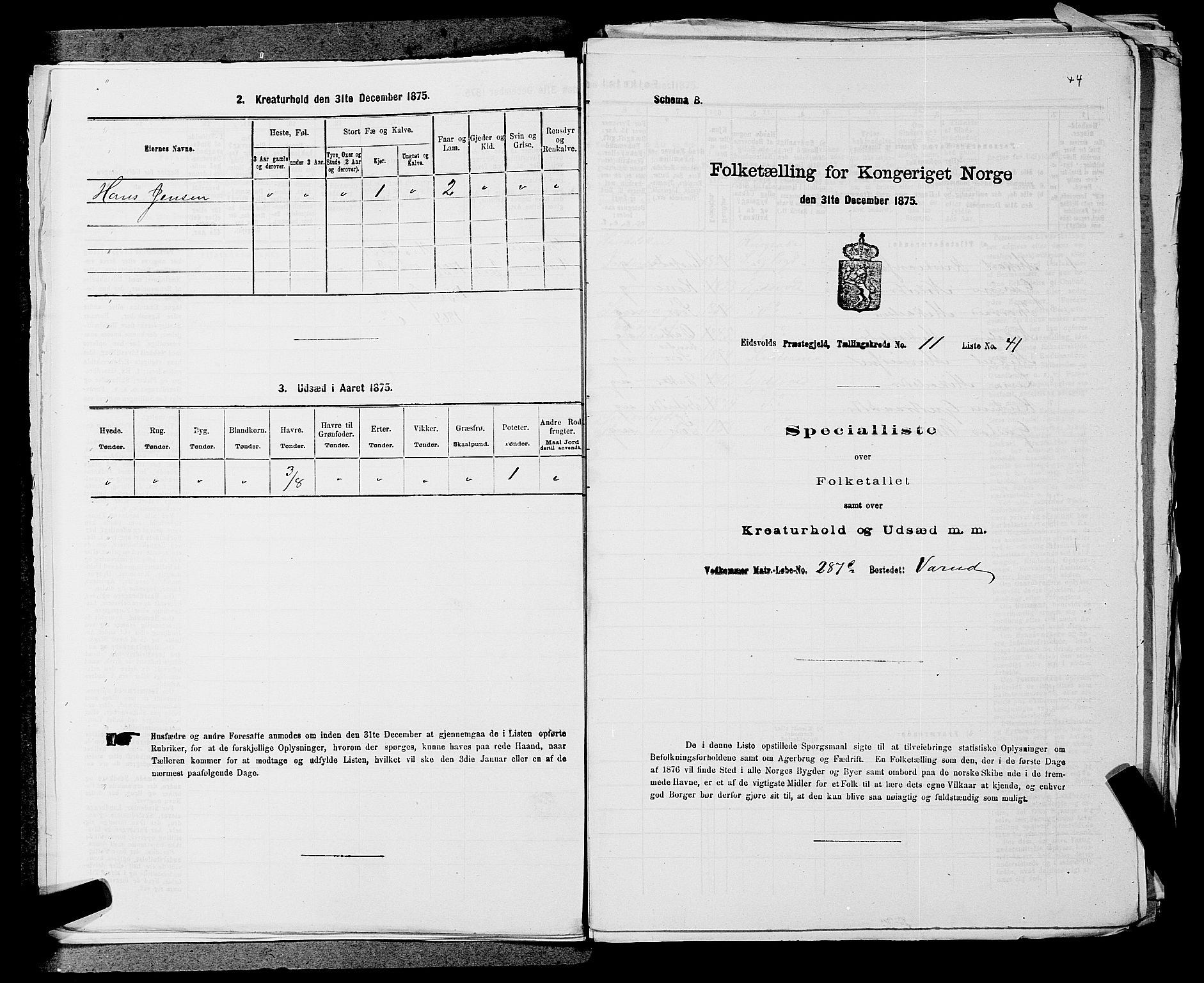 RA, Folketelling 1875 for 0237P Eidsvoll prestegjeld, 1875, s. 1796