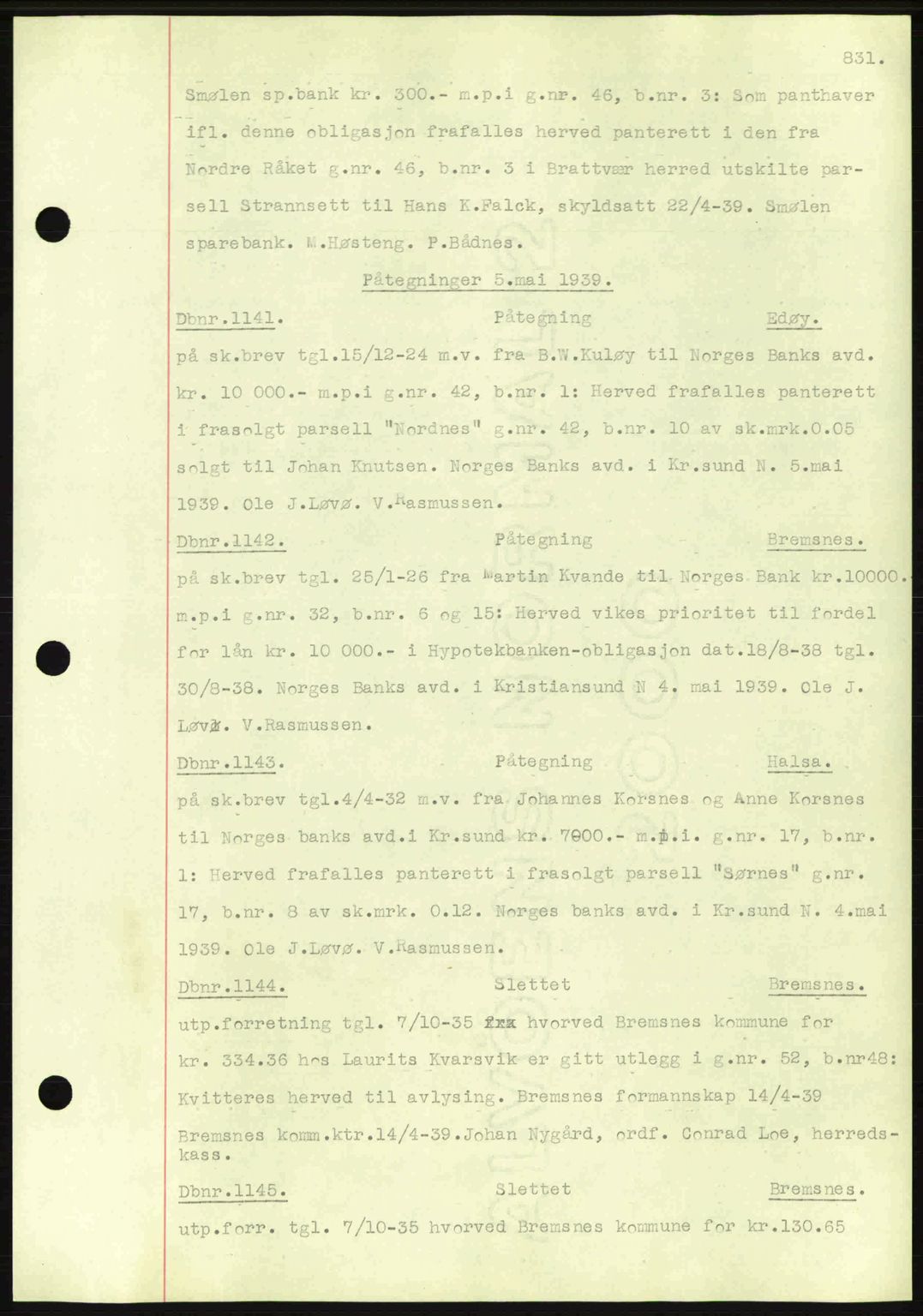 Nordmøre sorenskriveri, SAT/A-4132/1/2/2Ca: Pantebok nr. C80, 1936-1939, Dagboknr: 1141/1939