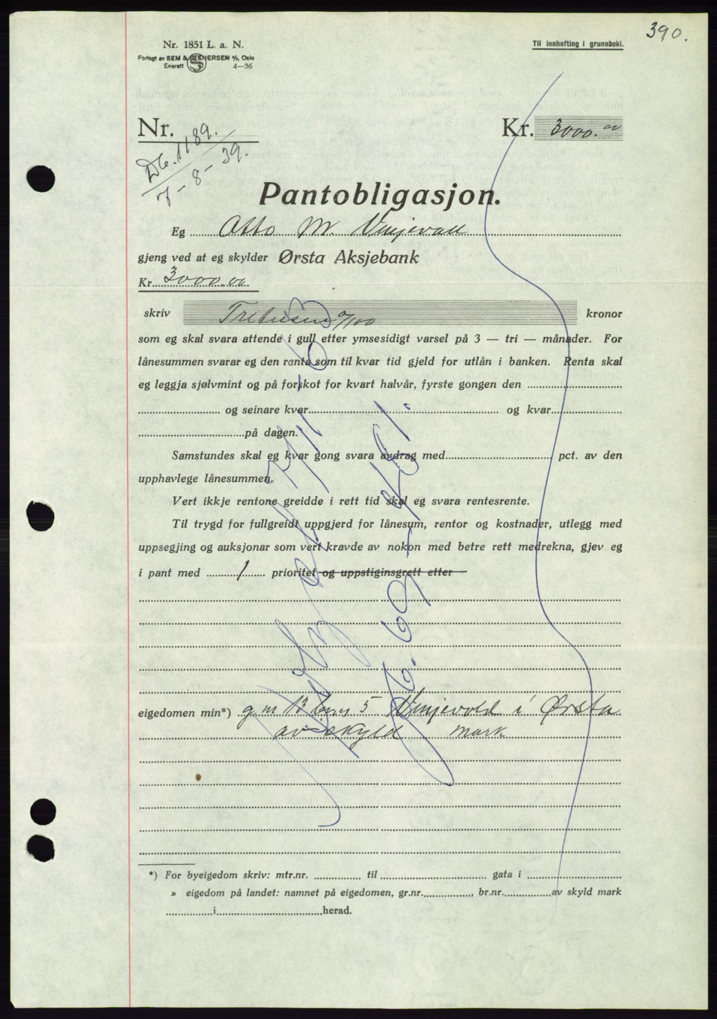 Søre Sunnmøre sorenskriveri, AV/SAT-A-4122/1/2/2C/L0068: Pantebok nr. 62, 1939-1939, Dagboknr: 1189/1939