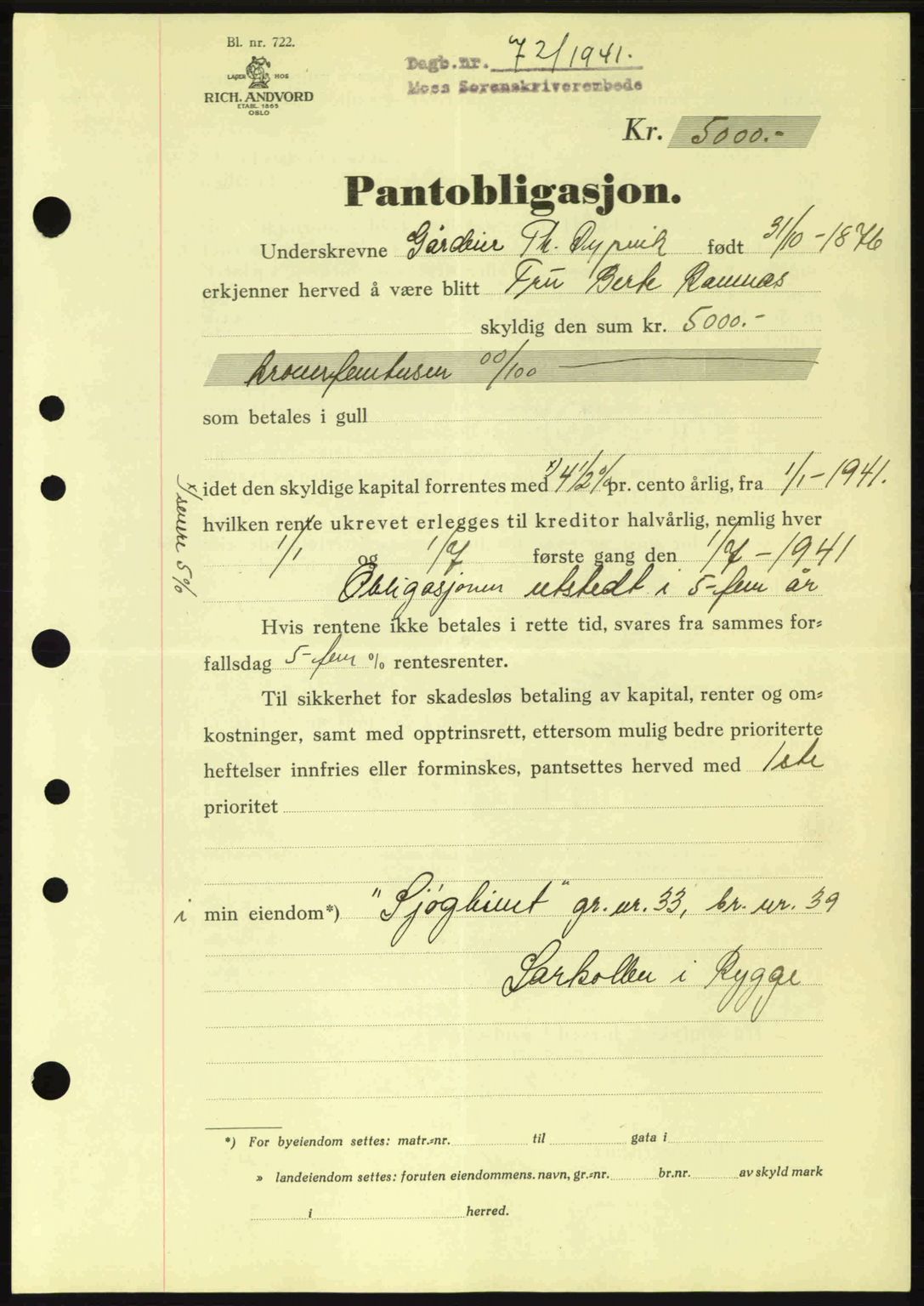 Moss sorenskriveri, SAO/A-10168: Pantebok nr. B10, 1940-1941, Dagboknr: 72/1941