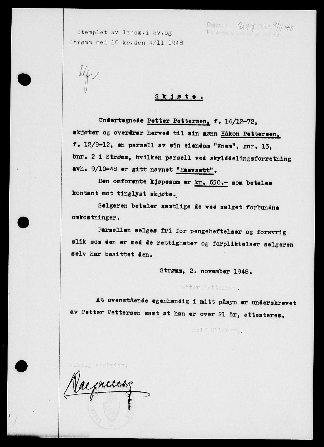 Holmestrand sorenskriveri, SAKO/A-67/G/Ga/Gaa/L0065: Pantebok nr. A-65, 1948-1949, Dagboknr: 2147/1948