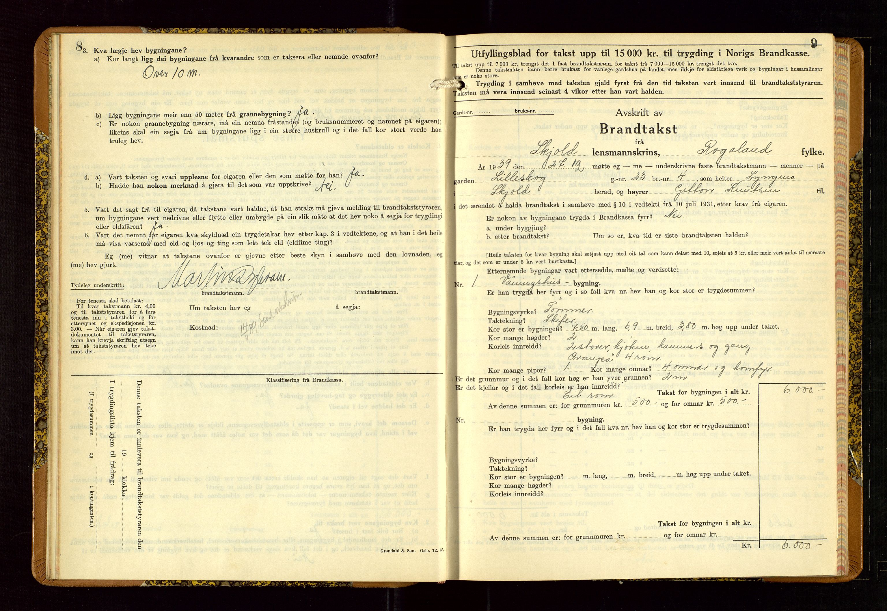 Skjold lensmannskontor, AV/SAST-A-100182/Gob/L0002: "Branntakstbok for Skjold lensmannskrins Rogaland fylke", 1939-1952, s. 8-9