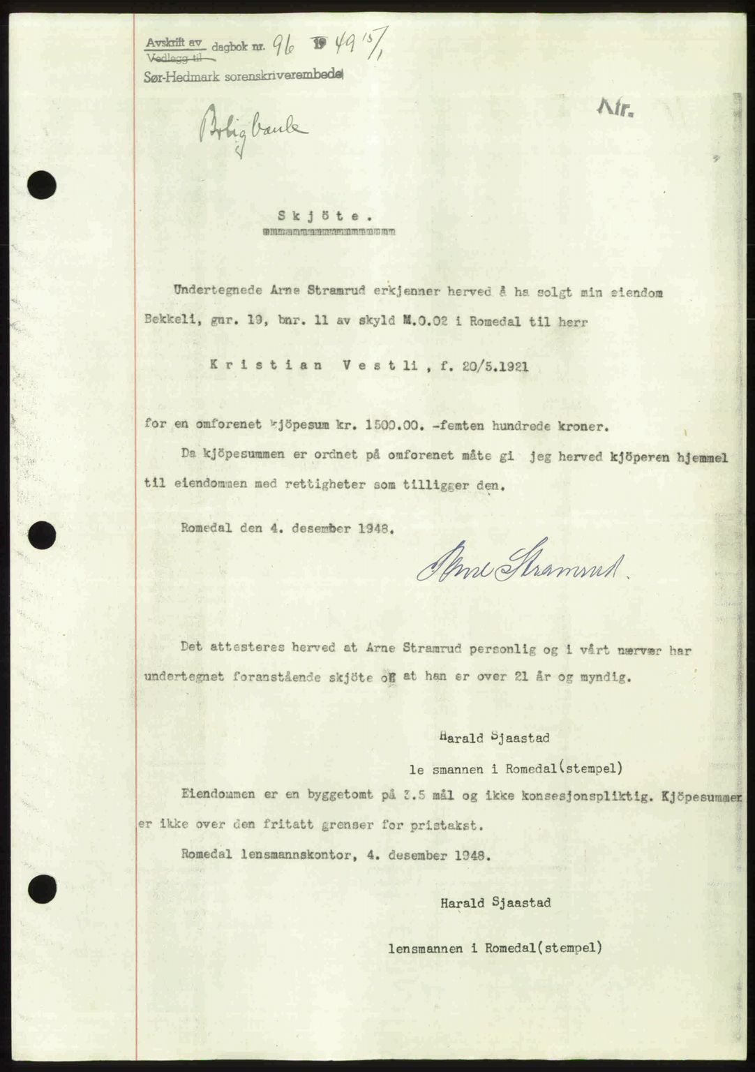 Sør-Hedmark sorenskriveri, SAH/TING-014/H/Hb/Hbd/L0018: Pantebok nr. 18, 1948-1949, Dagboknr: 96/1949